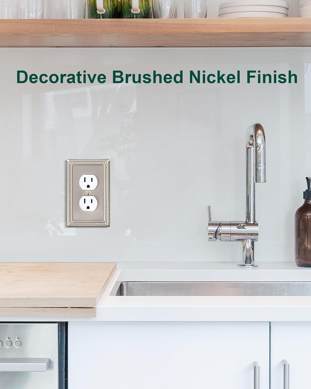 4-Pack Duplex Outlet Cover Plate, Metal Wall Plates for Electrical Outlets, Brushed Nickel 1 Gang Receptacle Cover, Pearls Decorative Switch Plates and Outlet Covers