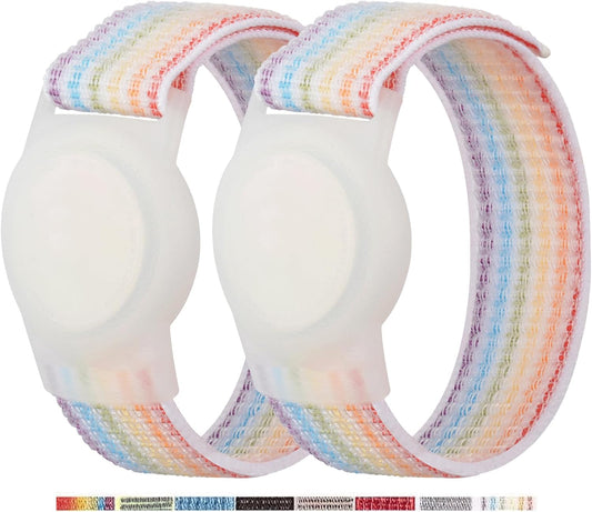 2 Pack AirTag Bracelet for Kids, Apple Air Tag Protective Cover with Nylon Wristband, Anti Lost GPS Trackers Case Cover Elastic Watch Band for Toddlers Girls Boys Elders (Light Rainbow)