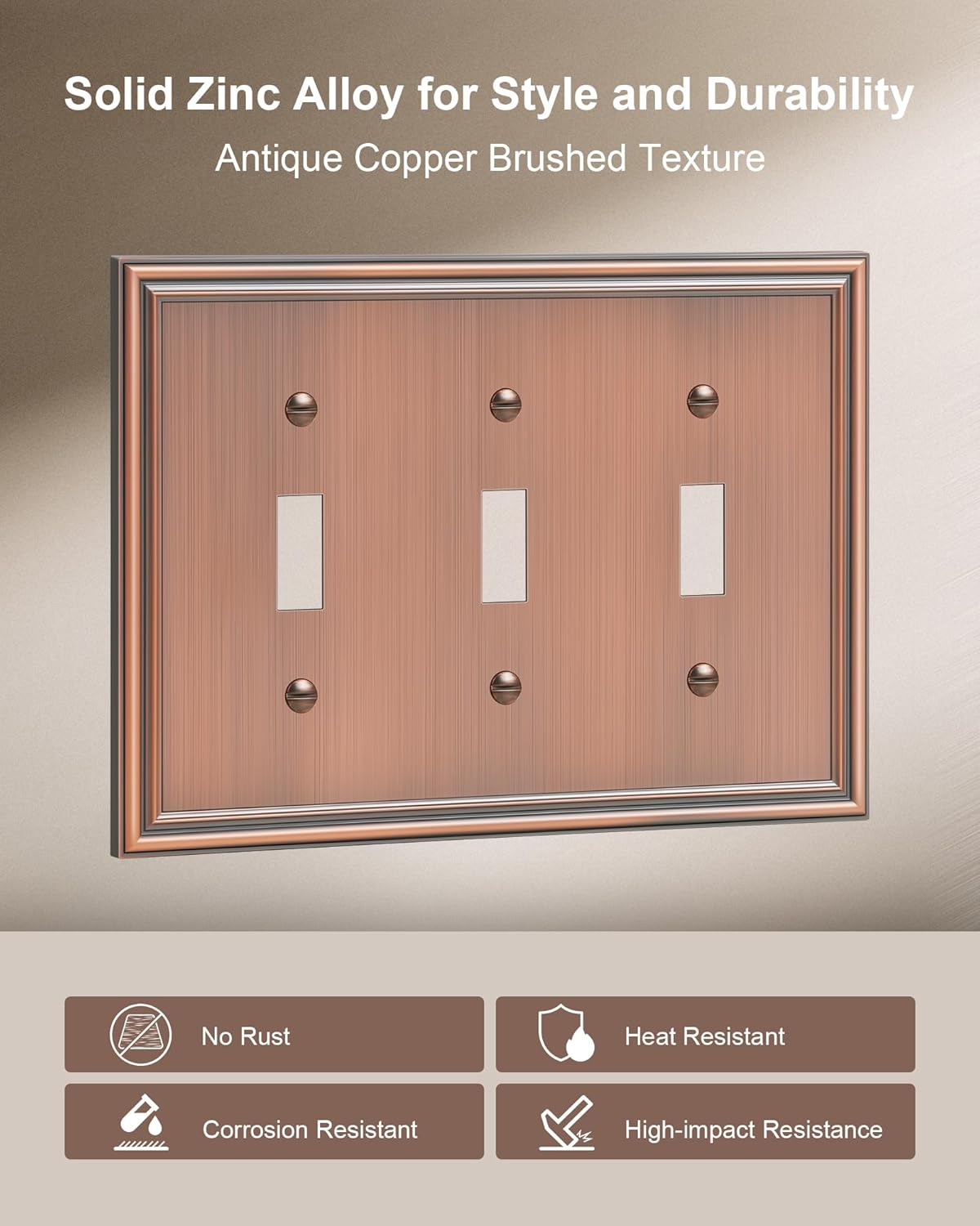 2-Pack Triple Toggle Light Switch Cover Plate, Durable Solid Zinc Alloy Decorative Switch Plate Covers, Antique Copper 3 Gang Wall Plate, Corrosion Resistant