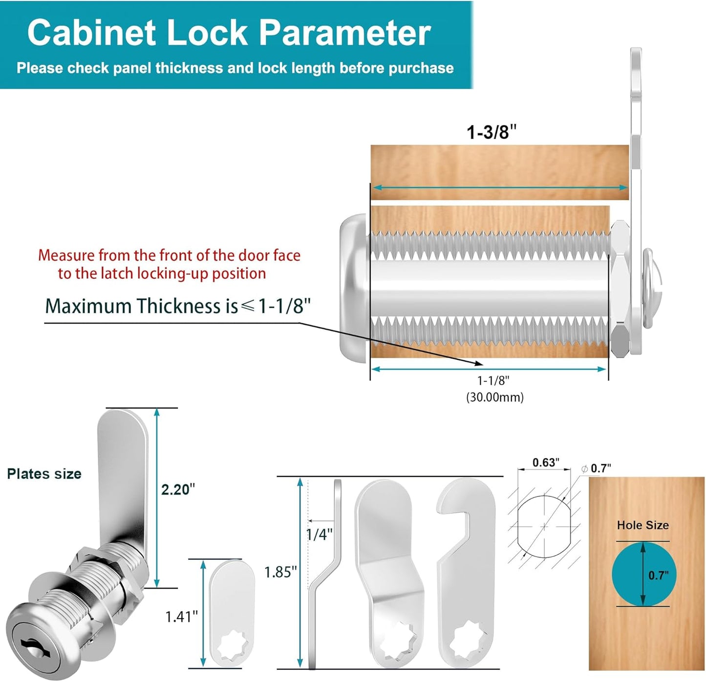 3 Pcs Cabinet Locks with Keys, 1-3/8 Inch Cam Lock Keyed Alike, Mailbox Locks Replacement for Cabinet and Drawer, Tool Box Lock with Keys, Zinc Alloy