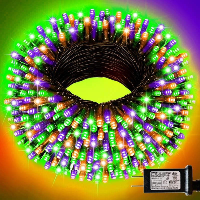 33ft Halloween Decorative Mini Lights, 100 LED Brown Wire Fairy Starry String Lights Plug in, 16Lighting Modes for Halloween Outdoor Party Decoration (Orange/Purple/Green)