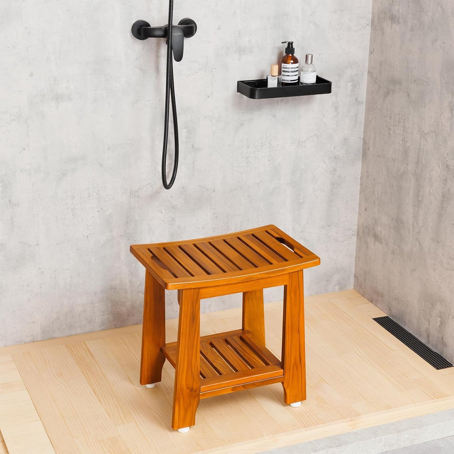 21" Standard Teak Shower Bench with Shelf & Handle - Waterproof, Non-Slip Bath Stool, 300 lbs Capacity - Fits Standard Tubs/Showers & Outdoor Use (Patented)