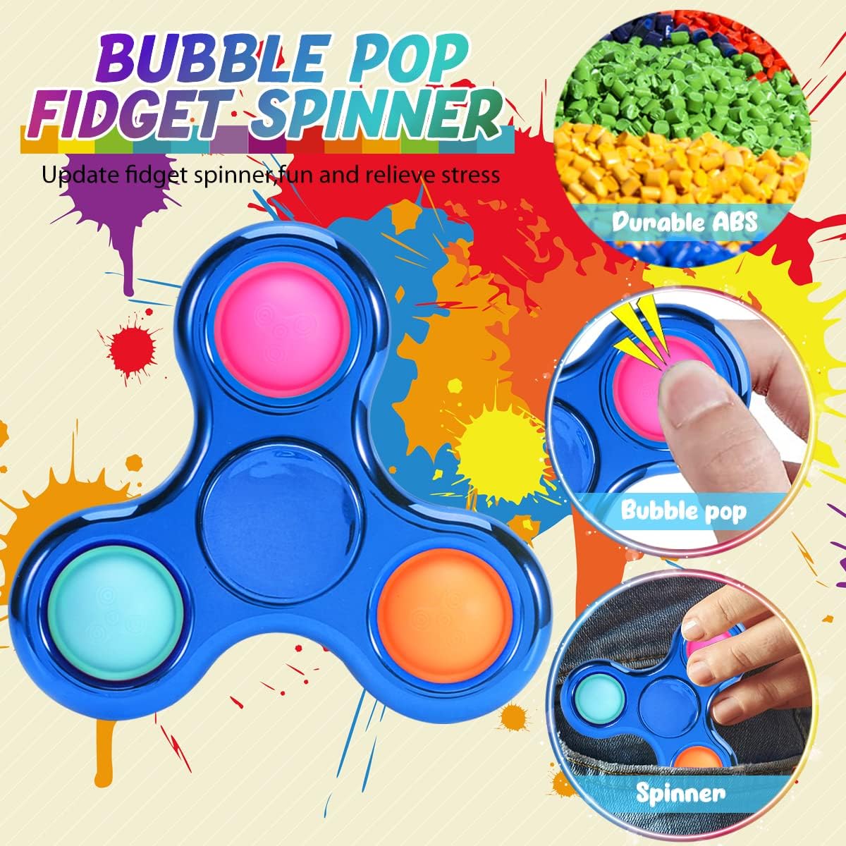 3 Pack Fidget Spinner Toy, Led Light Up Finger Spinner, Push Pop Bubble Fidget Spinner, Hand Spinner for Anxiety Relief and Stress Reduction, Party Favor Gifts for Children