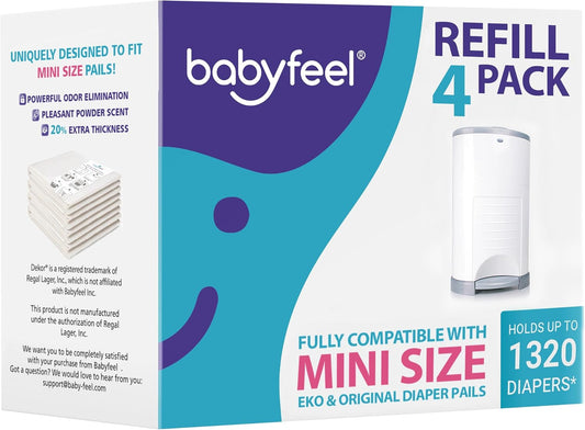Babyfeel Refills Compatible with DEKOR MINI Diaper Pails | 4 Pack | Exclusive 20% Extra Thickness | Diaper Pail Refills with Powerful Odor Elimination | Powder Scent | Holds up to 1320 Diapers