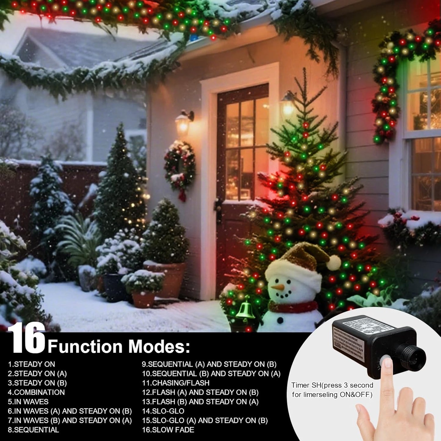 66ft Christmas Decorative Mini Lights, 200 LED Green Wire Fairy Starry String Lights Plug in, 16 Lighting Modes for Indoor Outdoor Xmas Tree Wedding Party Decoration (Red/Green/Warm)