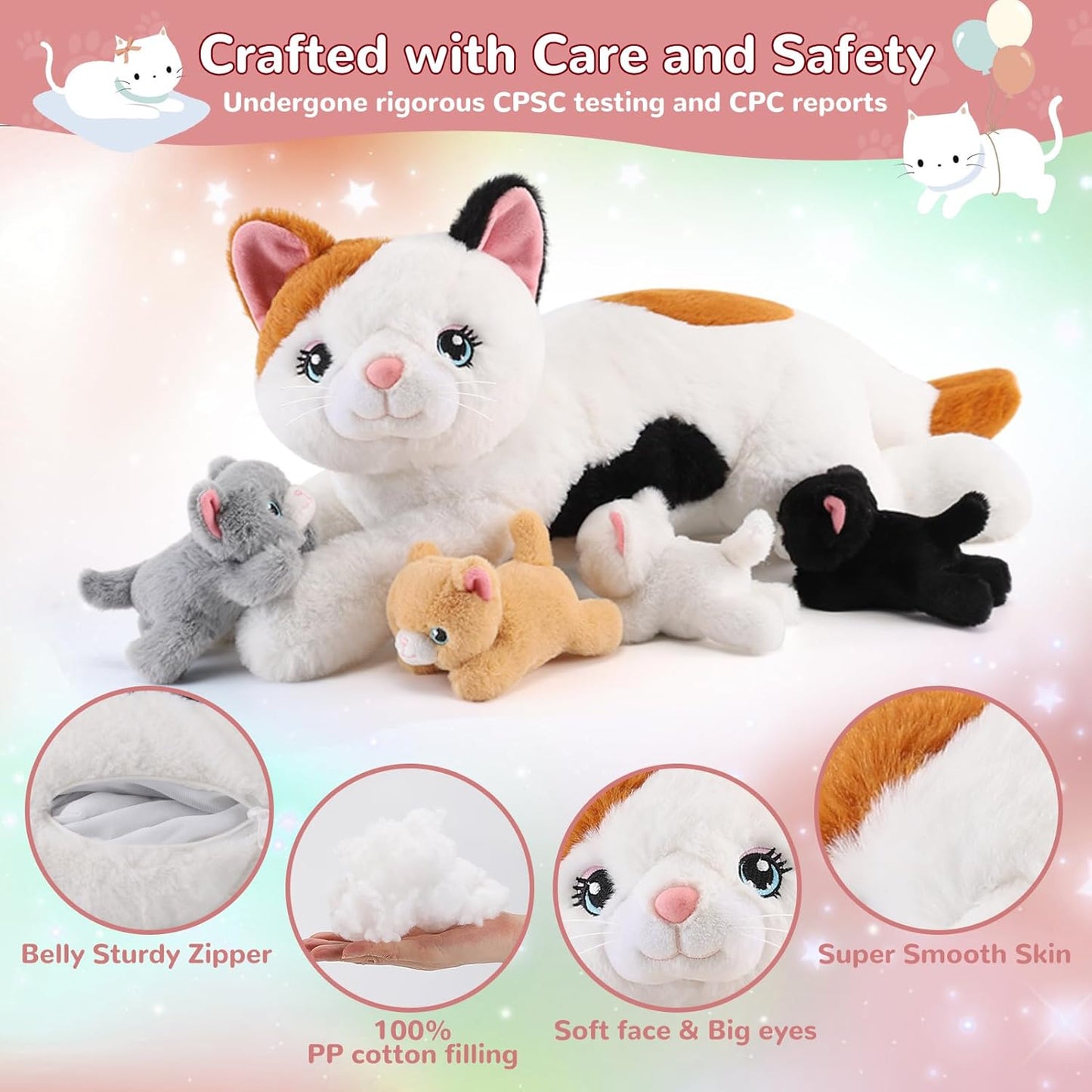 5 Pieces Cat Stuffed Animals with Babies Inside Belly - 1 Mommy Stuffed Cat with 4 Kittens - Stuffed Kitty Plush Toys for Kids Age 3-8, Gifts Ideal for Christmas, Valentine's, Birthday