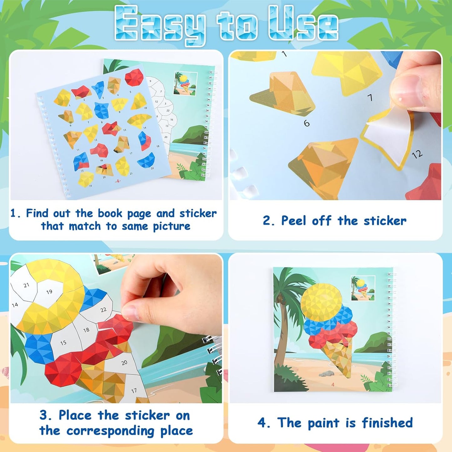 4Pcs Summer Paint by Sticker Books for Kids Ages 4-8 Hello Summer Sticker by Number Books Activity Book for Kids Age 3-5 Puzzle Book Craft Art Toddler Gift with Crab Flamingo Sand Castle 32 Pictures