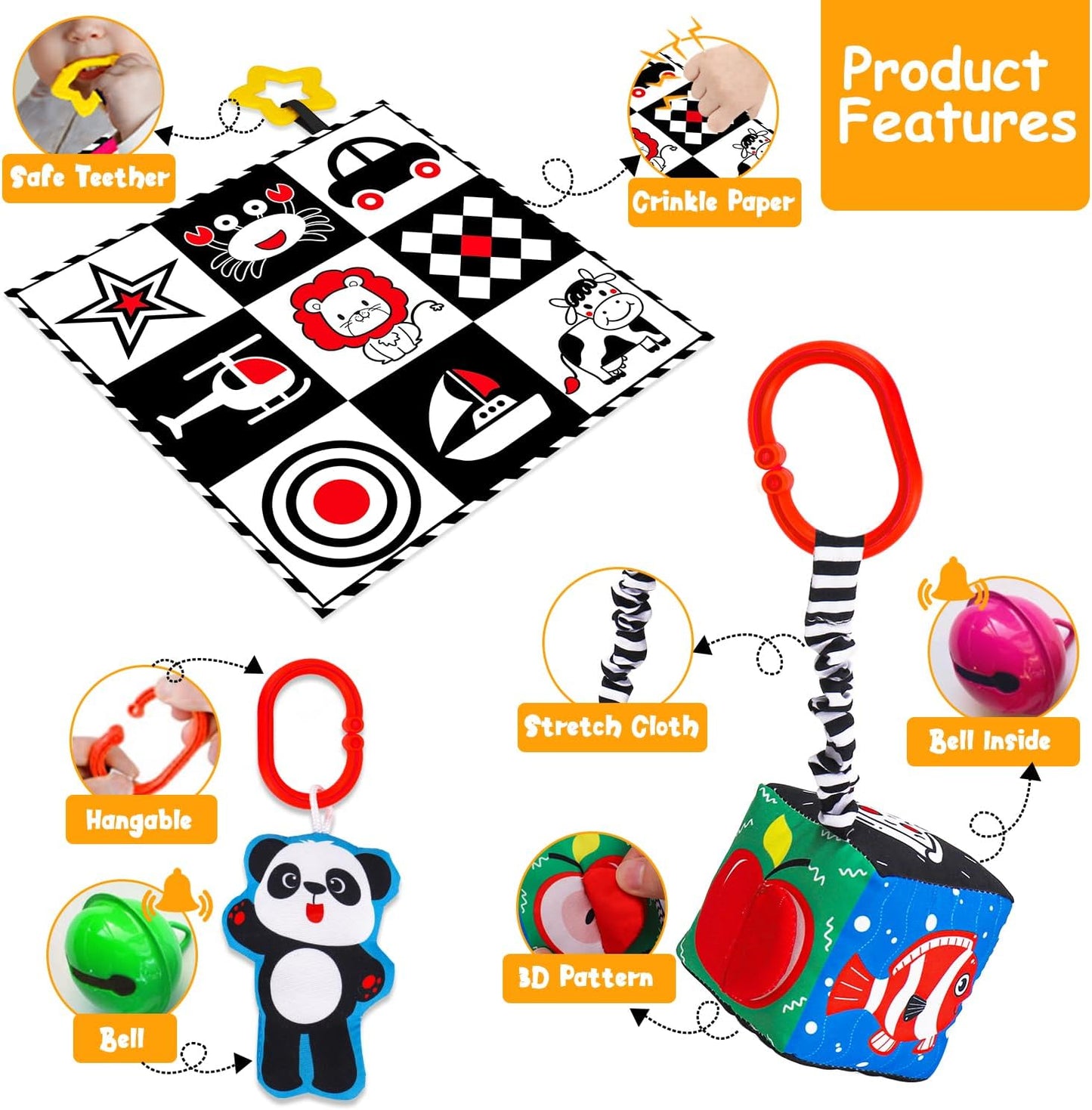 4 PCS Black and White High Contrast Baby Toys 0-3-6 Months Newborn Essential Montessori Toy for Babies Crinkle Sensory Book Brain Development Tummy Time Mirror Infant Carseat Rattle Easter Shower Gift