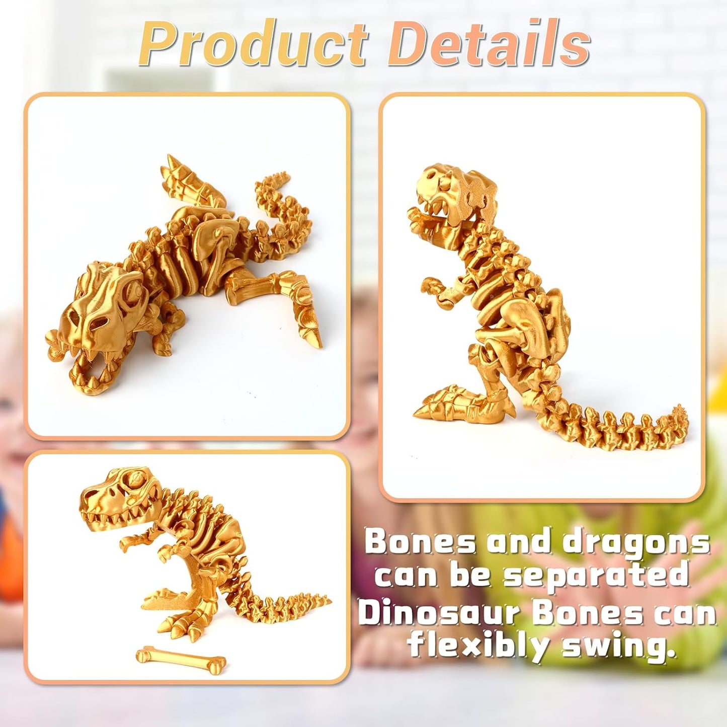 3D Printed Dinosaur Bones Tyrannosaurus Rex Skeleton with Movable Joints, 3D Model Skull T-Rex, Flexible Articulated Dinosaur Fidget Toys Adults for Autism/ADHD