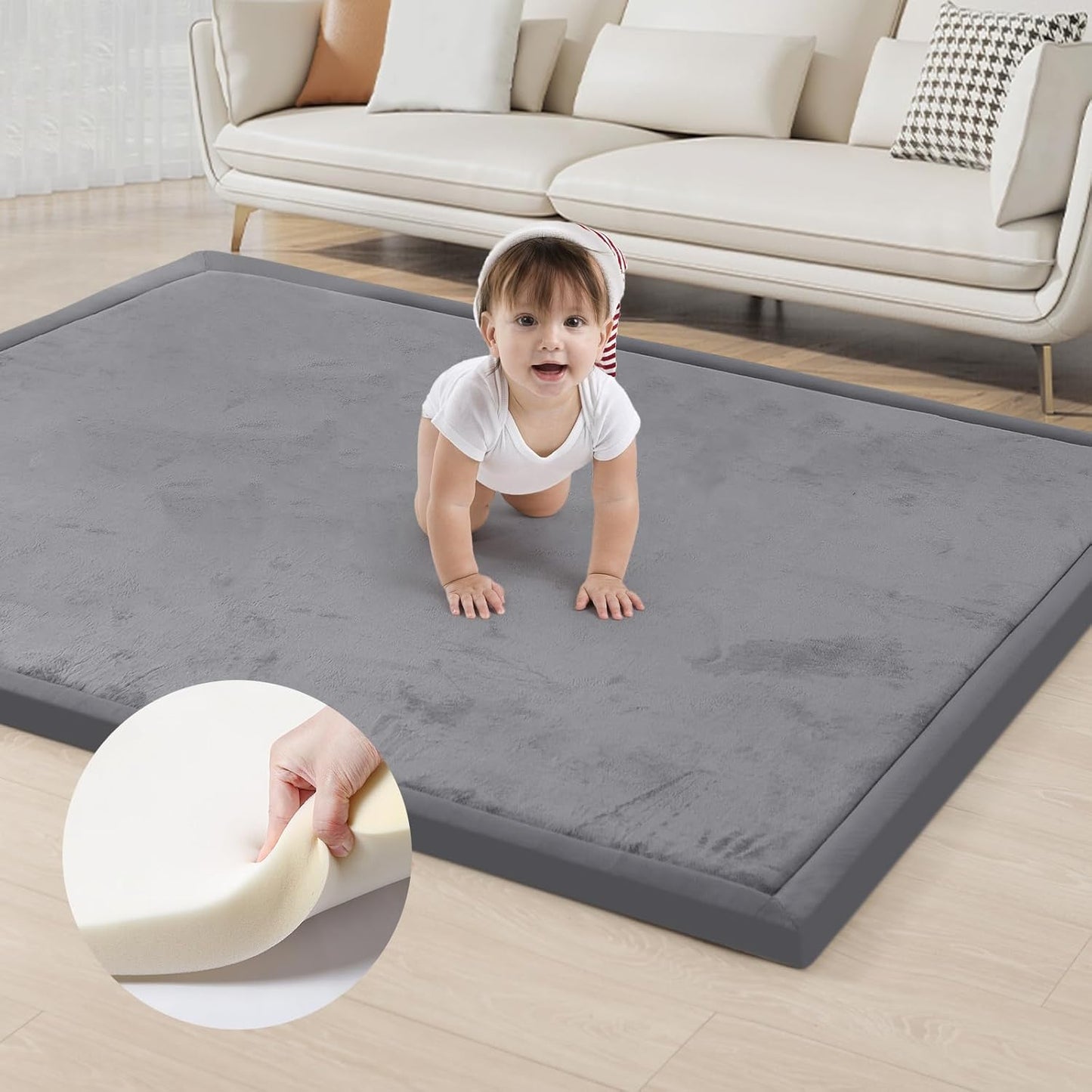 ACOMOPACK Baby Play Mat for Floor 1.3" Thick Memory Foam Play Mat 59"×71" Tummy Time Crawling with Non-Slip Bottom for Living Room,Nursery,Soft Velvet Playpen Mats for Kids,Infants（Dark Grey）