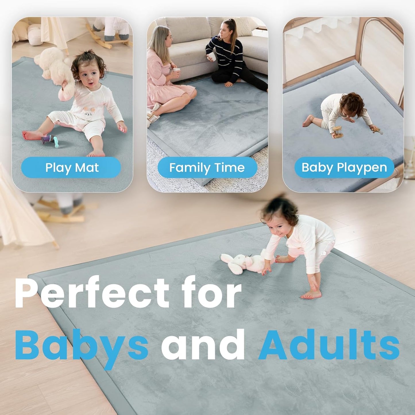 1.3" Thick Baby Play Mat,Ultra Soft Elasti-Foam 50×50 Playpen Mat for Tummy Time,Water-Repellent Coral Fleece Nursery Rug for Infants,Toddlers,Kids,Non-Slip Safe for Crawling(Light Grey)