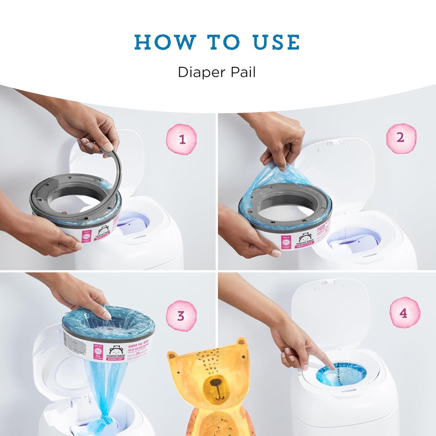 Amazon Brand - Mama Bear Blossoms Scented Diaper Pail Refills for Diaper Genie Pails, 2160 Count (8 Packs of 270 Count)