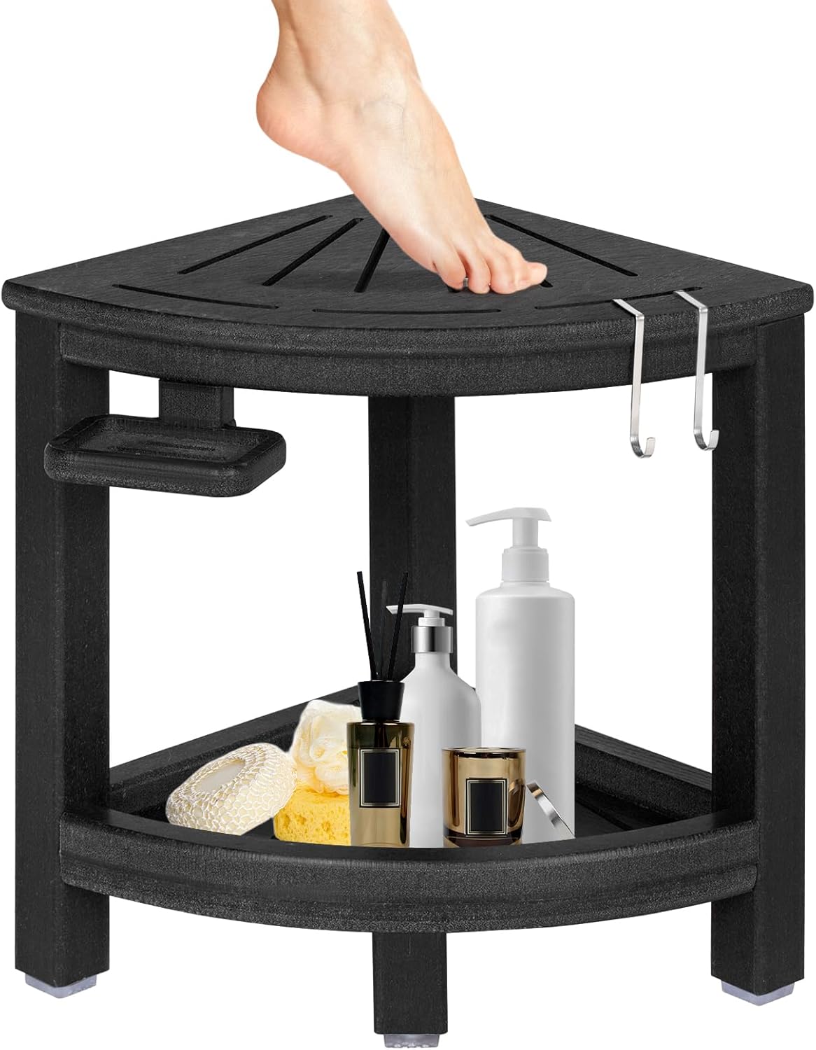 2-Tier Corner Shower Stool with Hooks & Soap Dish, HDPE Shower Bench for Shaving Legs, Wood-Like Shower Stool for Inside Shower with Non-Slip Foot Pads, Waterproof Shower Foot Rest (Black)