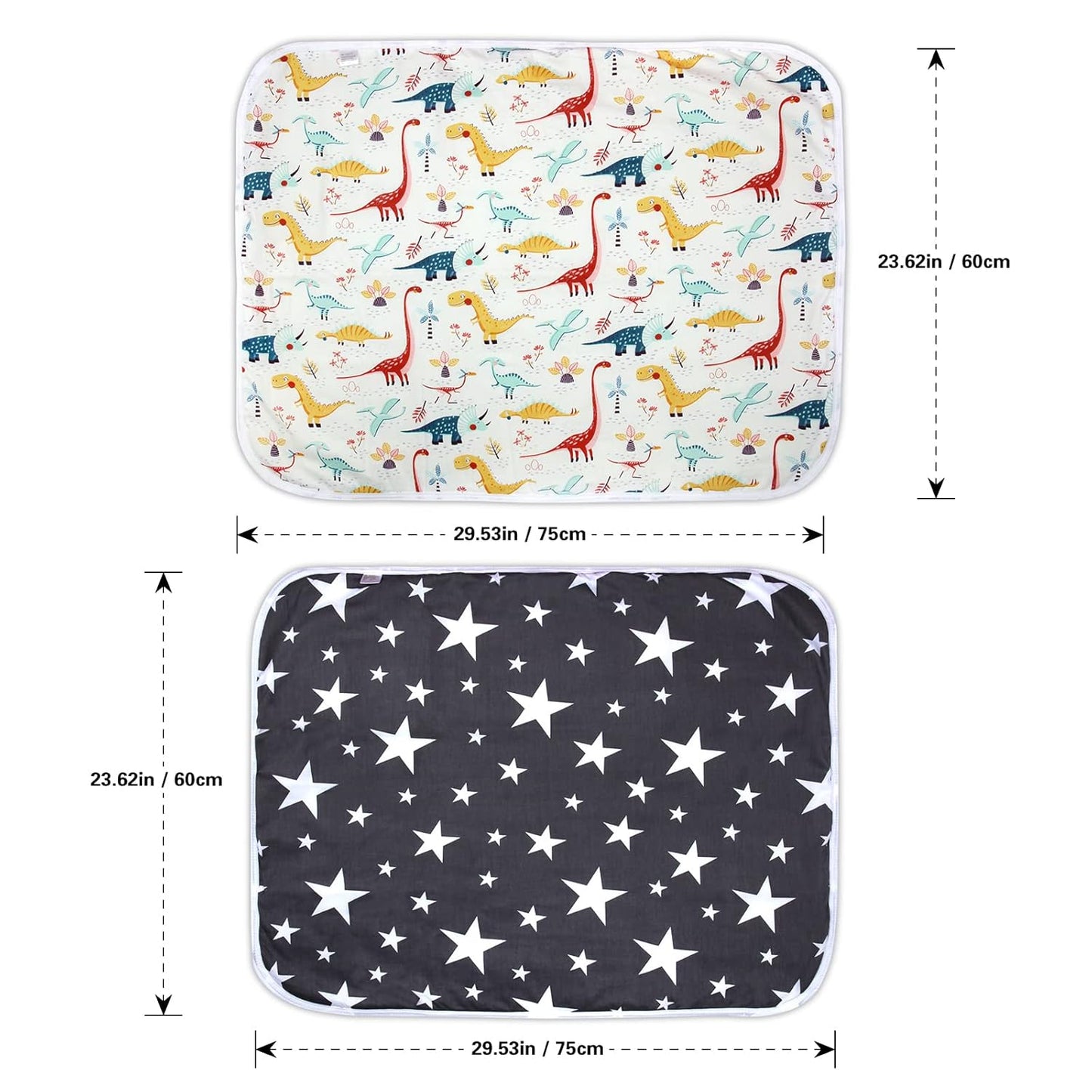 2Pcs Diaper Changing Pads for Baby, Dinosaur Change Mat, 3Layers Waterproof Change Pad Foldable Absorbent Mats for Women, Reusable Incontinence Underpads for Patient 24''x30'' (Dinosaur Black Star)