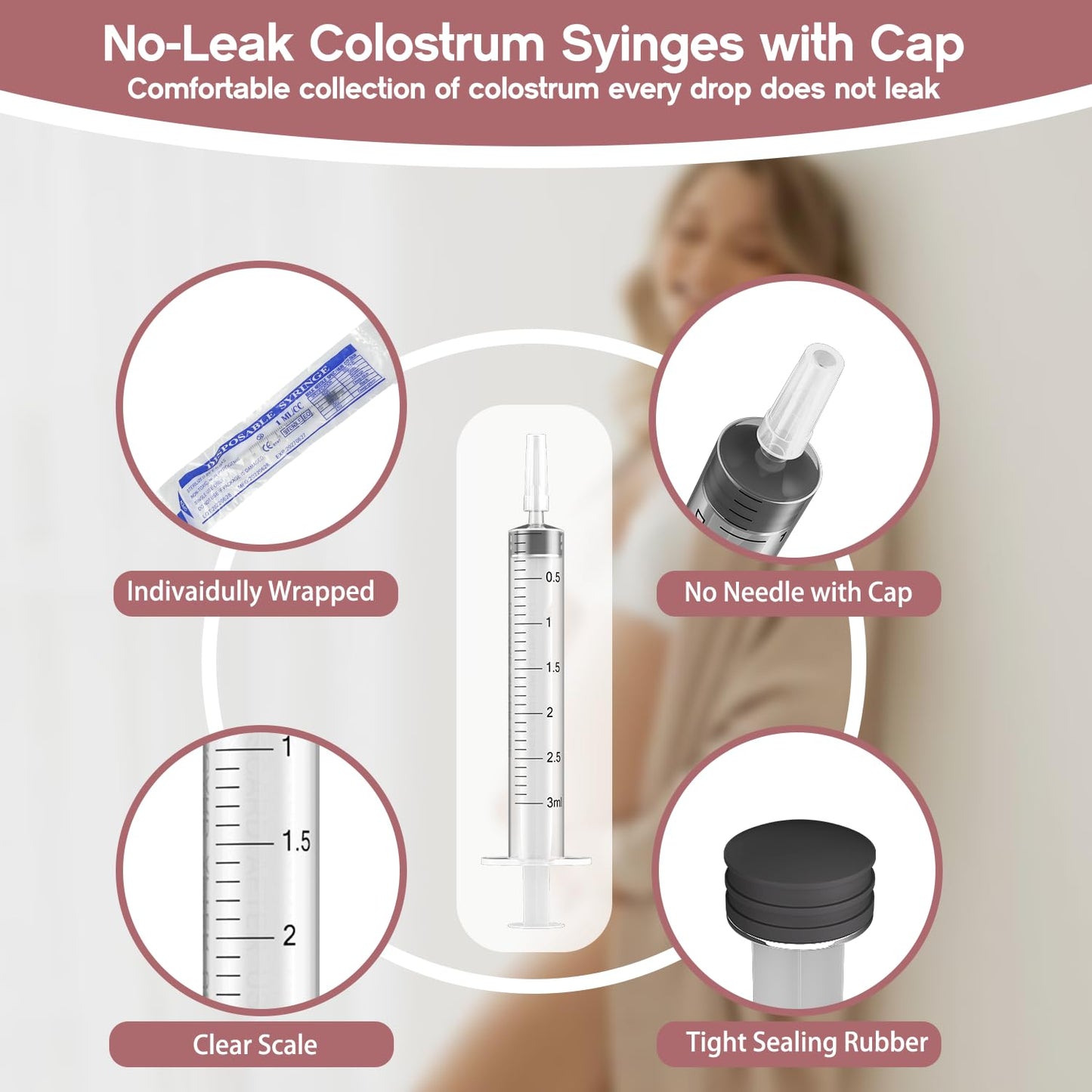 60 Sets 3Ml Colostrum Collector Kit Include 60 3ml No Needle Sterile Syringes with Cap, 4 Measuring Cup, 6 Zip-lock Storage Bags, 60 Labels for Breast Milk Collector