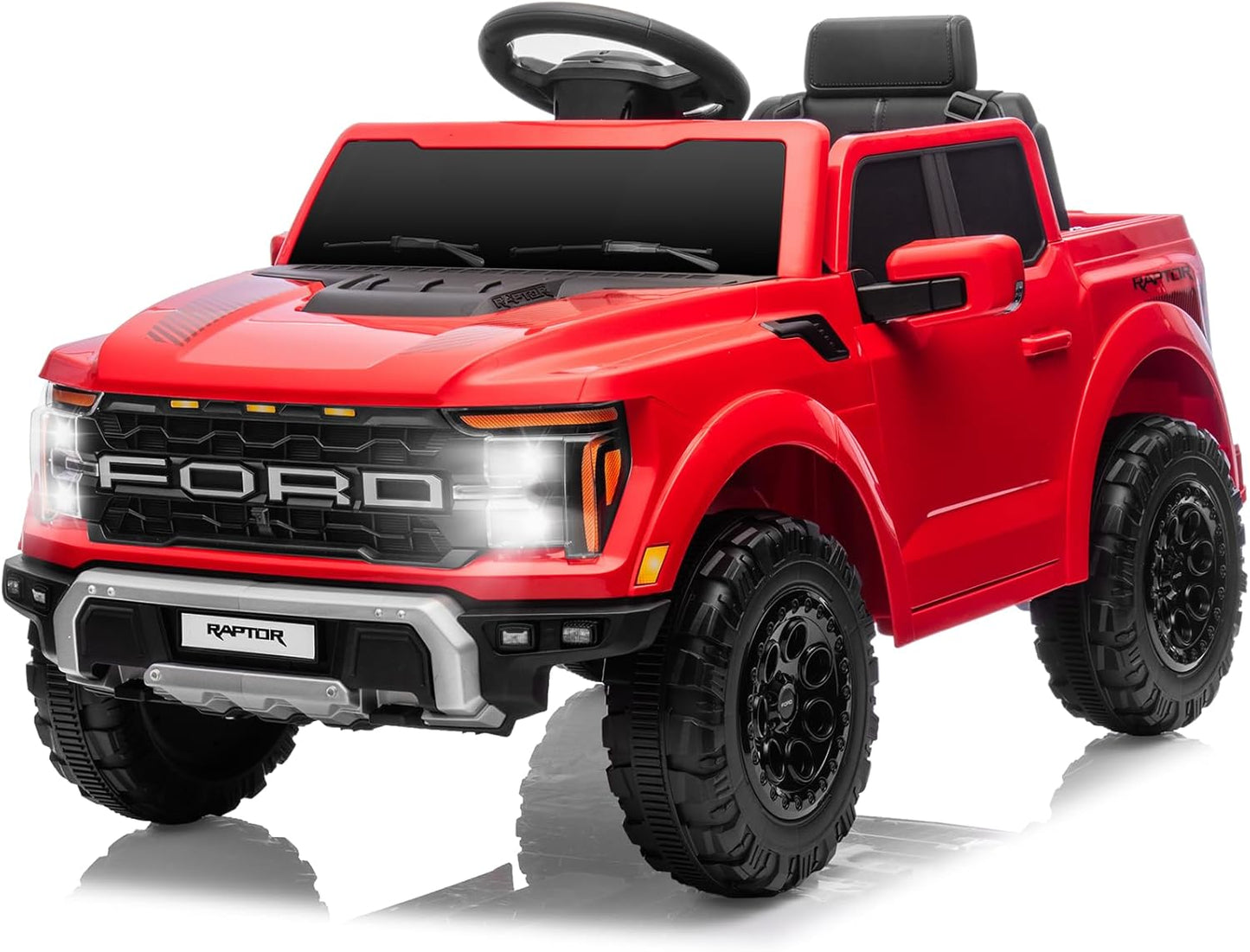 12V Ride on Car Licensed Ford F-150 Raptor, Kids Electric Car with Remote Control, LED Light/Music/MP3, Truck Bed Storage, 3-Point Seat Belt (12V, Red)