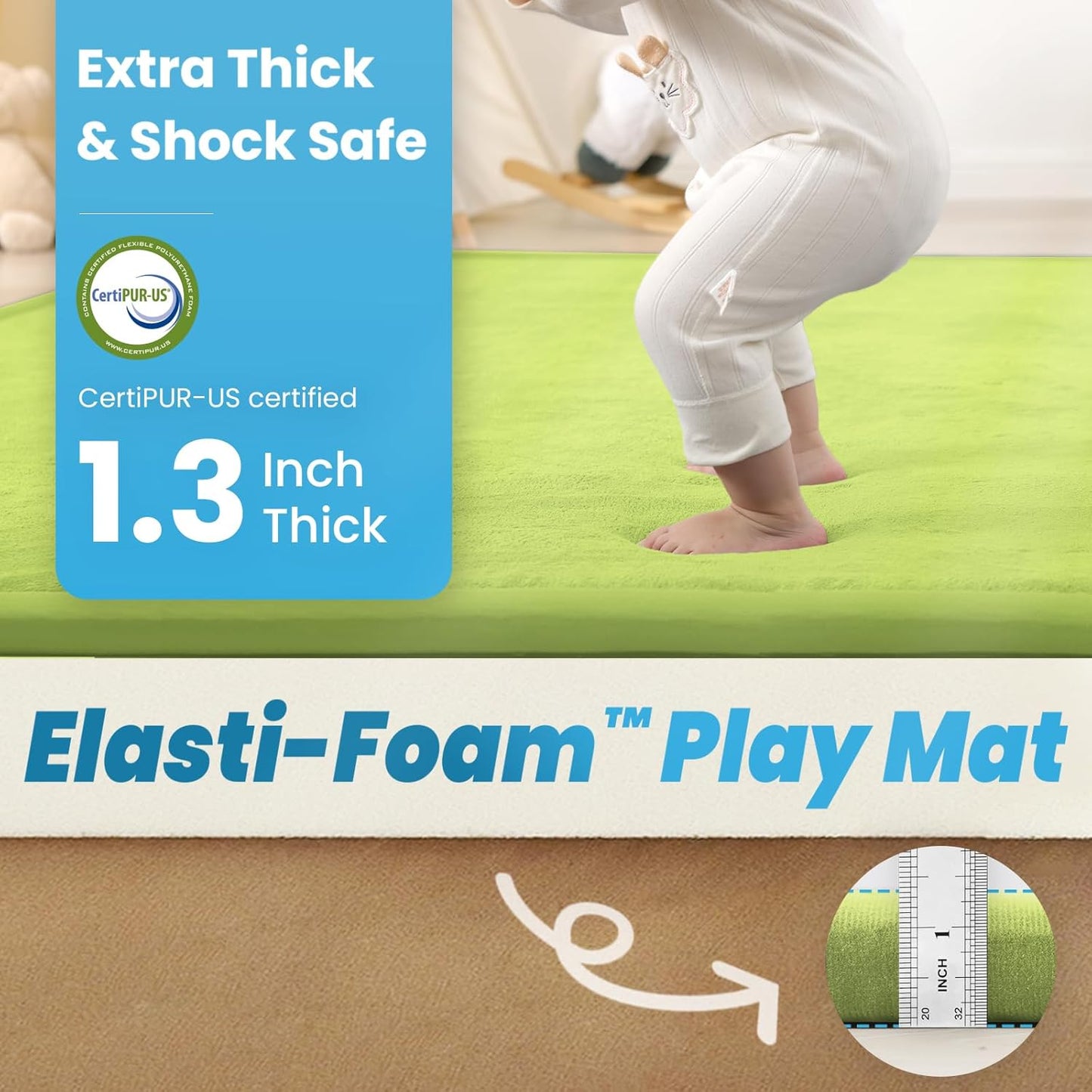 1.3" Thick Baby Play Mat,Ultra Soft Elasti-Foam 50×50 Playpen Mat for Tummy Time,Water-Repellent Coral Fleece Nursery Rug for Infants,Toddlers,Kids,Non-Slip Safe for Crawling(Light Green)