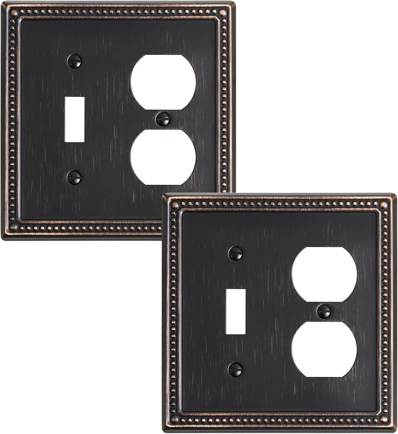 2-Pack Combo Toggle/Duplex Light Switch Cover Plate, Aged Bronze Metal Wall Outlet Cover Plate, Decorative Classic Beaded Wall Socket Receptacle Cover for Electrical Outlets, Light Switch