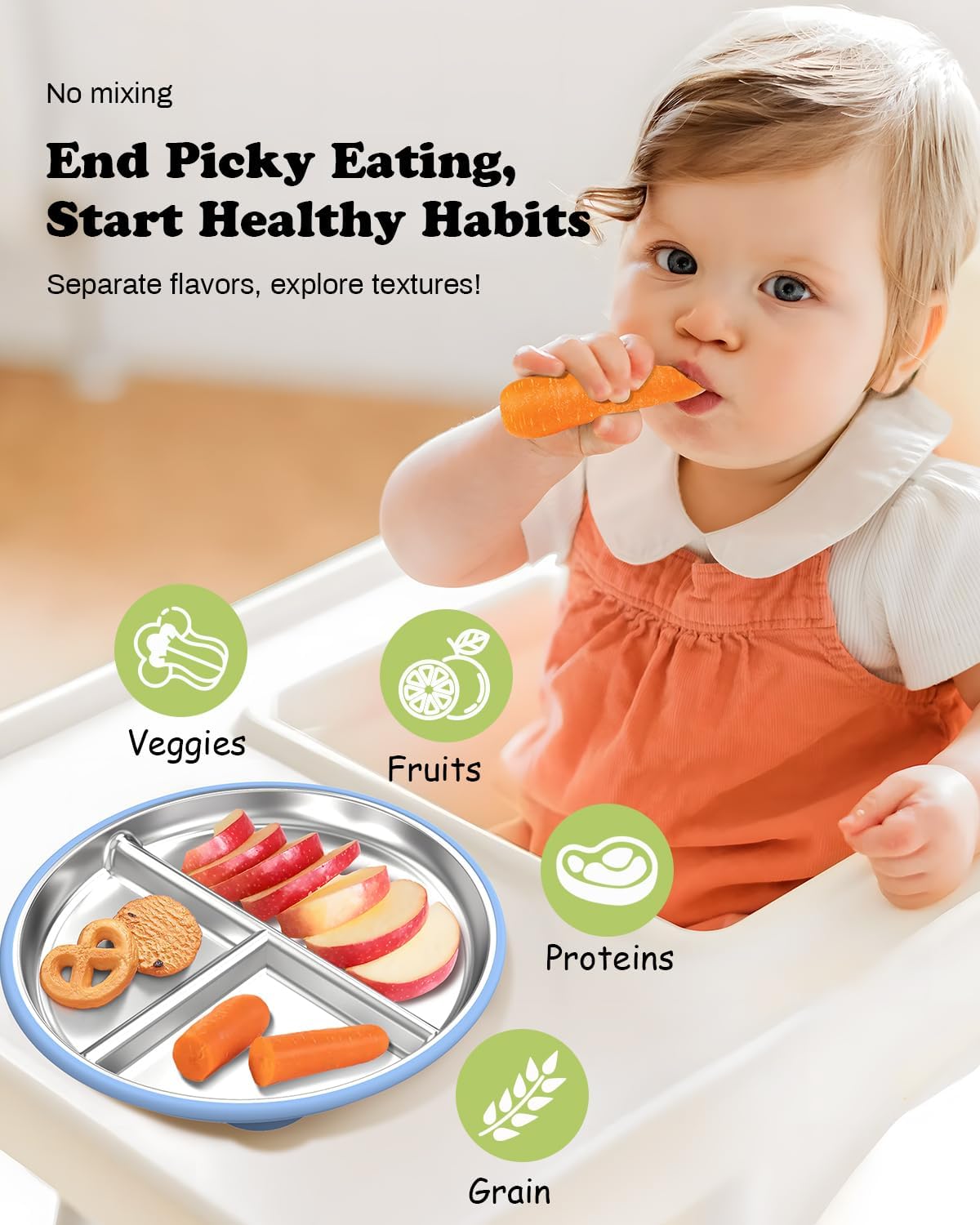 8" Stainless Steel Toddler Plates with Suction, Divided Plates with Removable Silicone Sleeves for Baby, Non Toxic & BPA Free |Unbreakable |Dishwasher Safe Dinnerware Set of 2, Blue & Gray