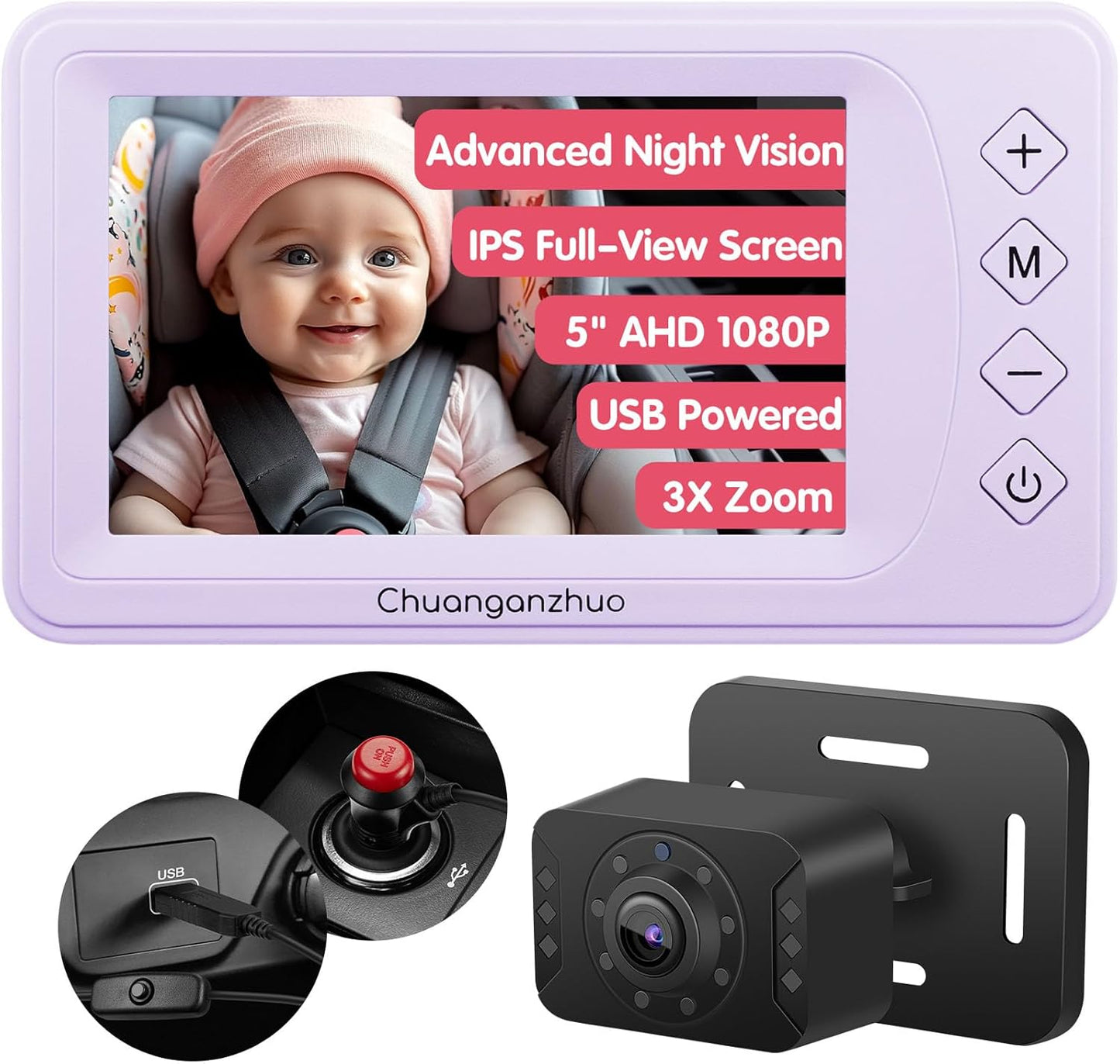 Baby Car Camera with Advanced Crystal-Clear Night Vision, 3X Zoom, USB Powered, 5'' AHD 1080P IPS Car Baby Monitor, Backseat Camera for Kids Infants Rear Facing Mirror, 5inch, Purple
