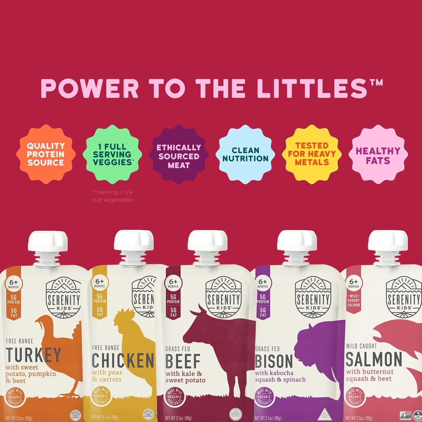 Serenity Kids 6+ Months Ethically Sourced Meat Baby Food Puree Pouches Variety Pack - 18 count (3.5 oz pouches) - No Added Sugar or Sugary Fruits - BPA & Allergen Free Natural Ingredients