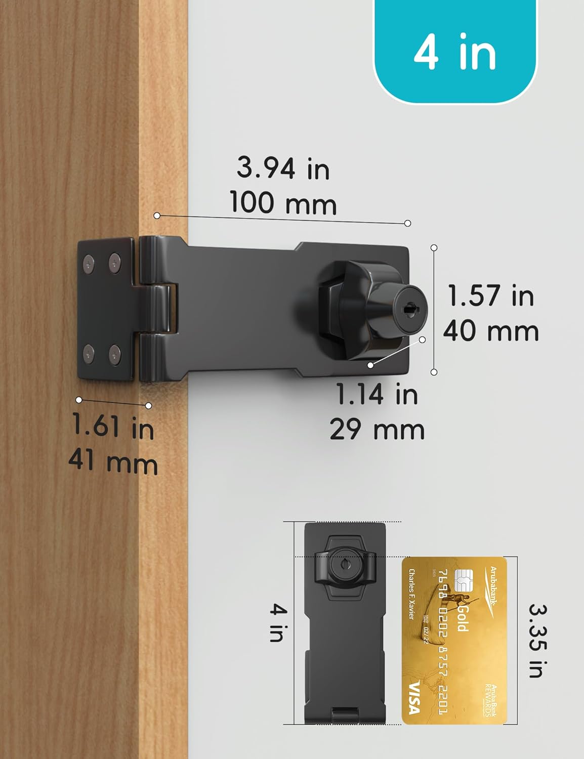 4 Inch Keyed Hasp Lock for Cabinets & Small Doors, Twist Knob Design, Heavy Duty Zinc Alloy with Chrome-Plated Iron, Includes Keys & Screws, Black