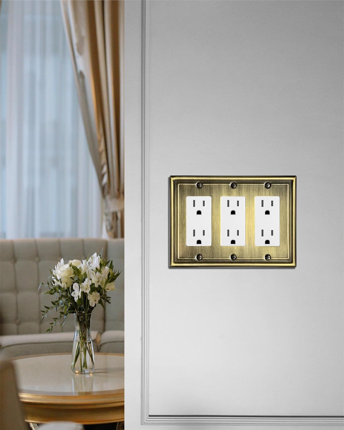 1 Pack Triple Decorator Wall Plates, Metal Electrical Outlet Covers for Receptacles, Dimmer Switches, GFCI Outlets, Antique Brass, 6.77''*4.88'', Midisze, 3 Gang