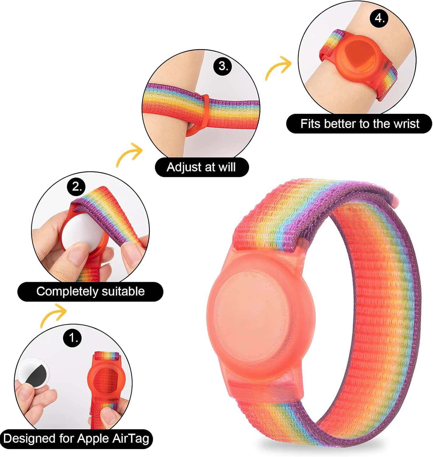 AirTag Bracelet for Kids, Apple Air Tag Protective Cover with Nylon Wristband, Anti Lost GPS Trackers Case Cover Elastic Watch Band for Toddlers Girls Boys Elders (Light Rainbow)