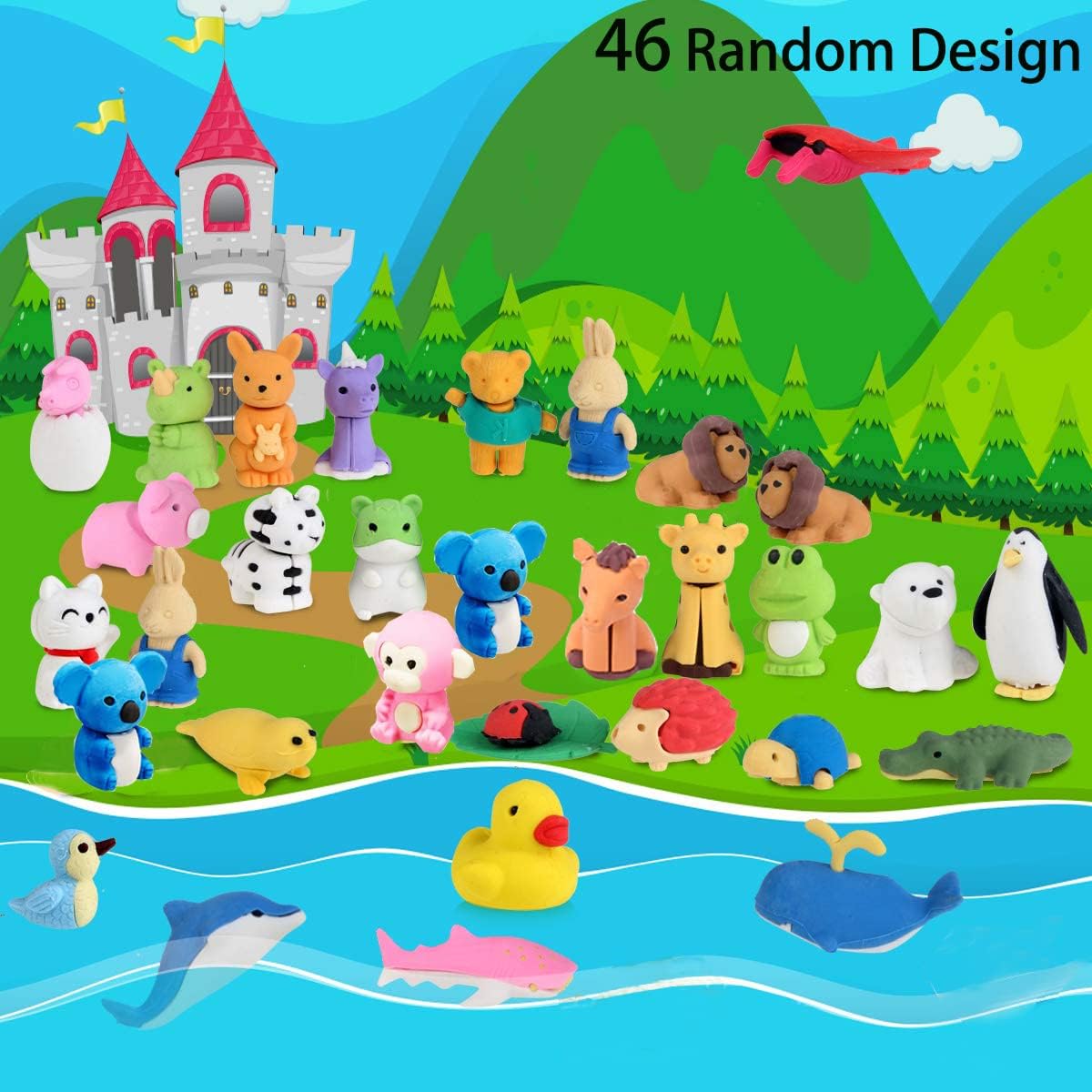 46Pcs Animal Erasers Desk Pets for Kids Animal Pencil Erasers Bulk Puzzle Eraser Toys Gifts for Classroom Prizes,Game Reward,Treasure Box,Easter Egg Fillers,Goodie Bag Stuffers,Party Favors