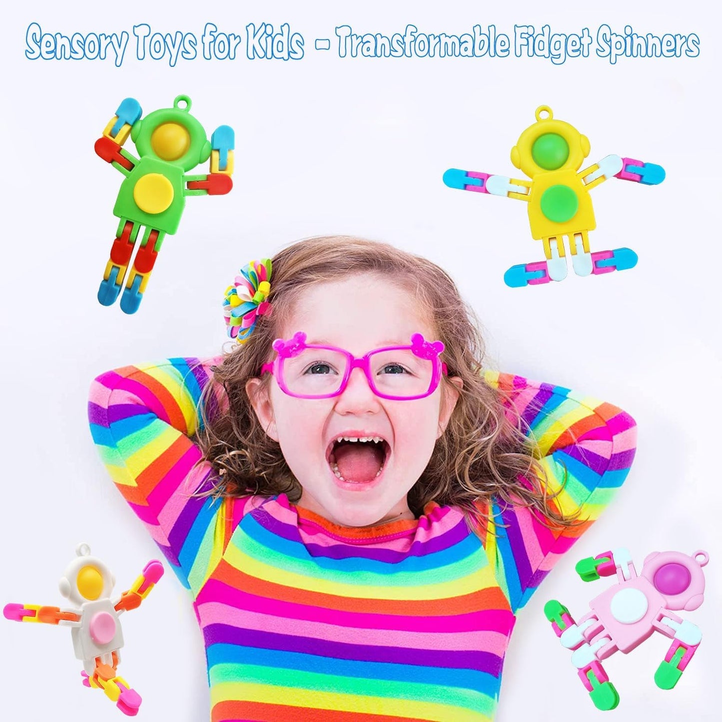 4 Pack New Fidgets Sensory Toys for Boys Girls, Transformable Fidget Spinners for Kids and Adults Key Chain Pop Robot Fingertip Fidget Toy, Birthday Party Favors, Gifts, Classroom Prizes