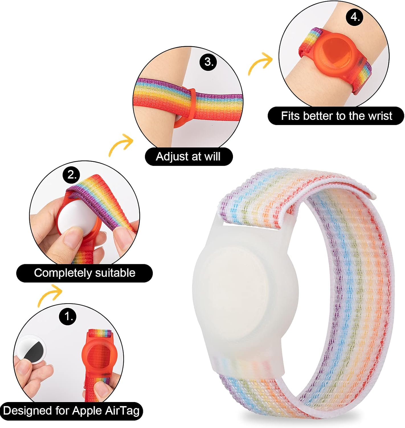 AirTag Bracelet for Kids, Apple Air Tag Protective Cover with Nylon Wristband, Anti Lost GPS Trackers Case Cover Elastic Watch Band for Toddlers Girls Boys Elders (Light Rainbow)