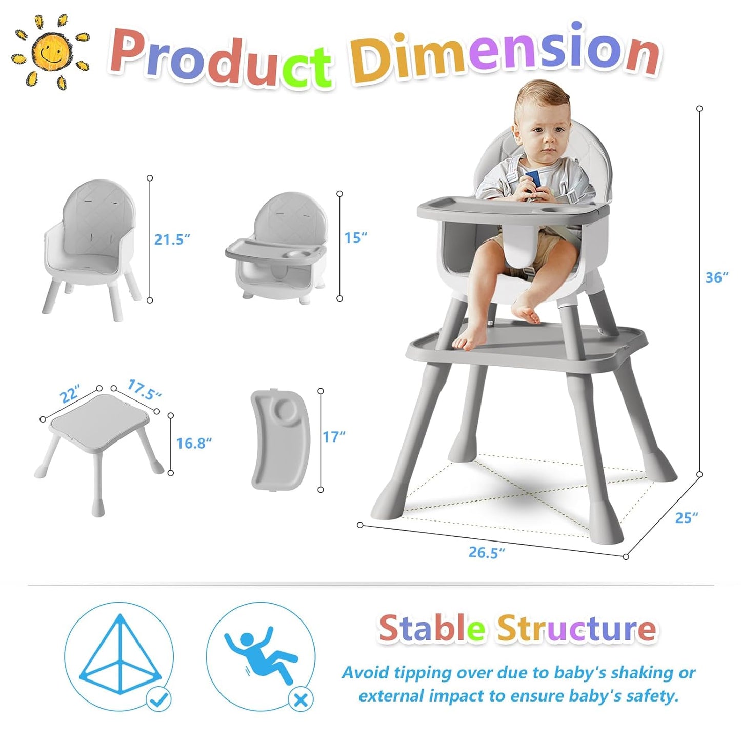 6 in 1 Baby High Chair for Babies and Toddlers, Booster Seat, Kids Learning Table & Chair (Grey)
