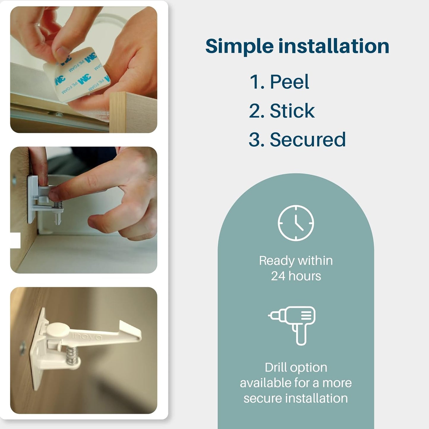 Inaya Cabinet Locks Child Safety Latches - Baby Proofing Cabinets & Drawers Locks - Child Proof Your Home - No Drilling & No Tools Required! (12 Pack - Extended Length Version)
