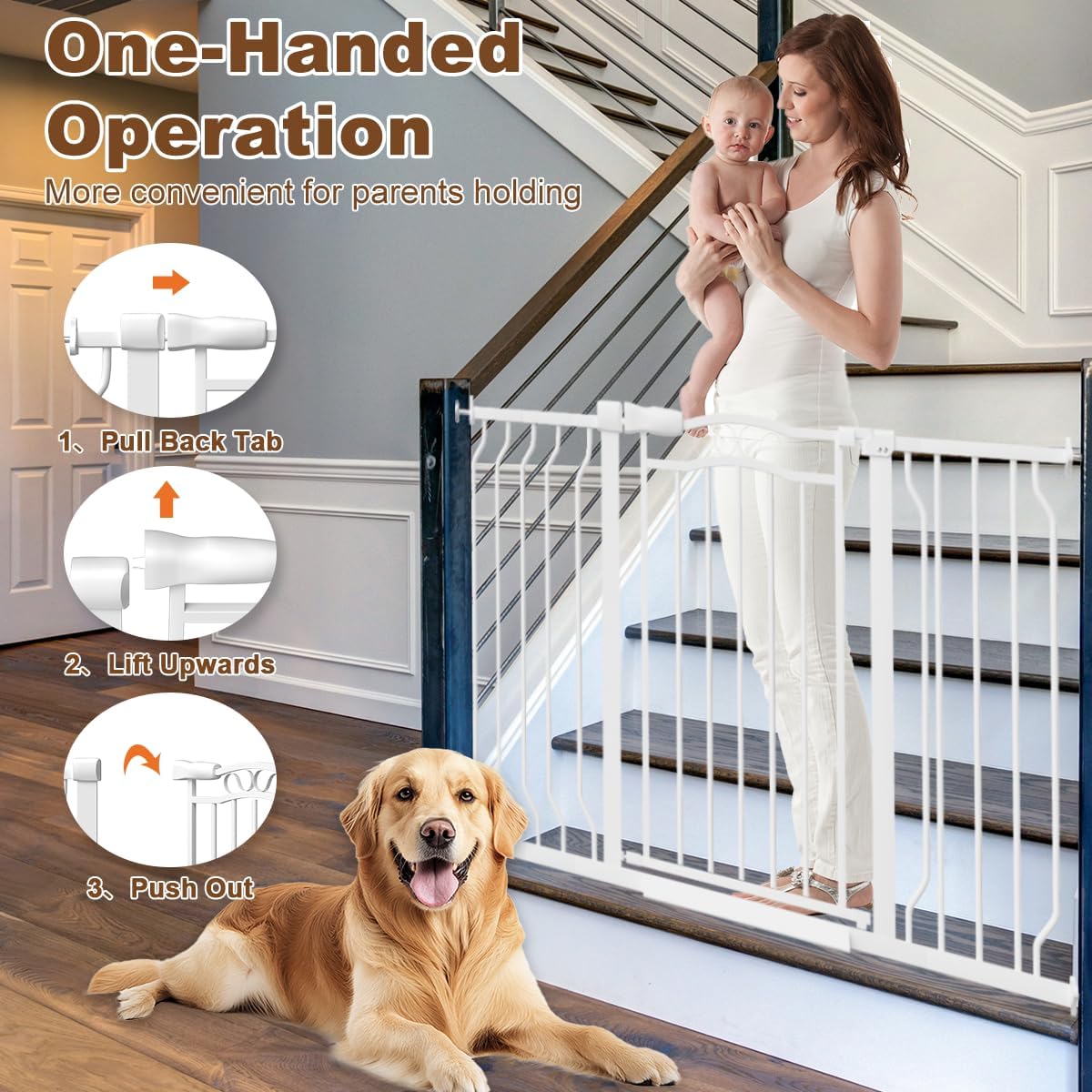 29.5-43.7" Wide Baby Gate for Stairs No Drilling, 30" Tall Metal Pet Baby Safety Gates with Expansion Kit, Press Mounted Dog Gate Indoor for Kids, Walk Through Dog Gates for Doorways, White