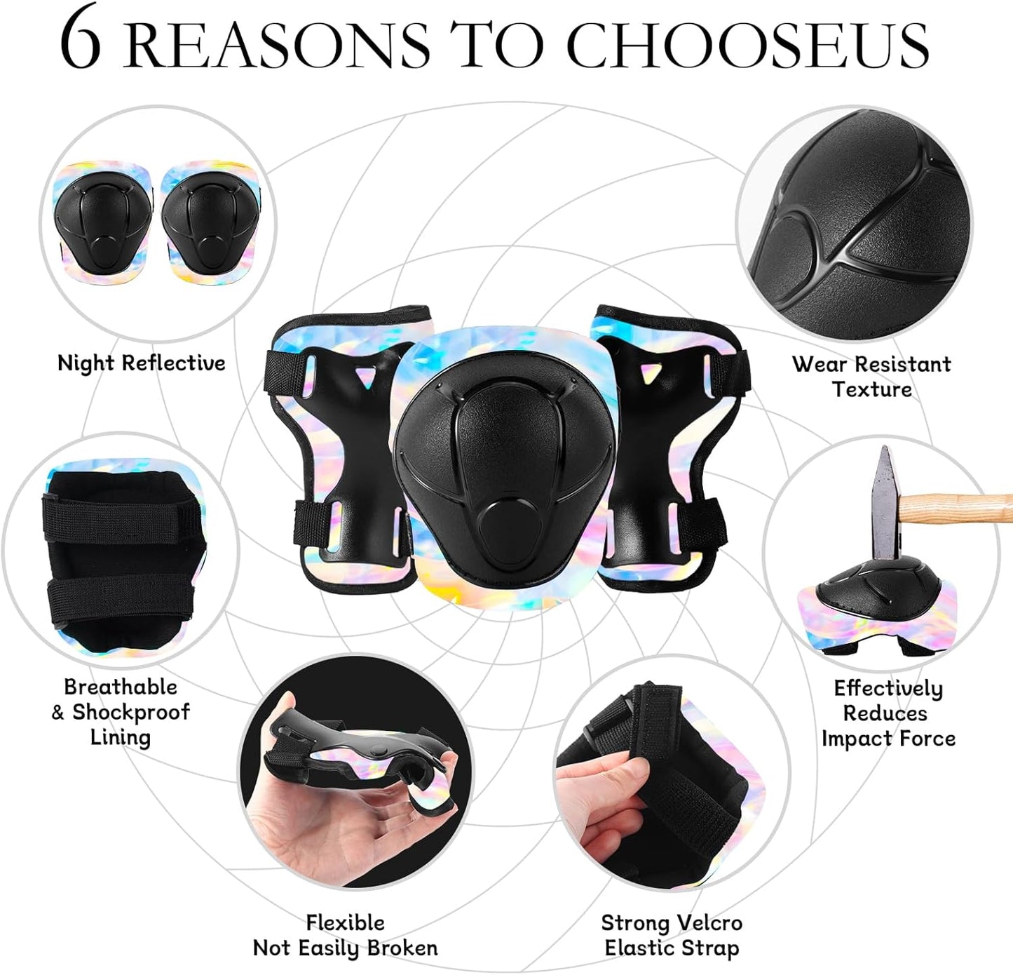 Adjustable Kids Bike Helmet with Knee & Elbow Pads Set, Color Gradient Design for Boys and Girls Aged 3-14+, for Skateboarding, Scooter, Roller & Inline Skating, Longboard