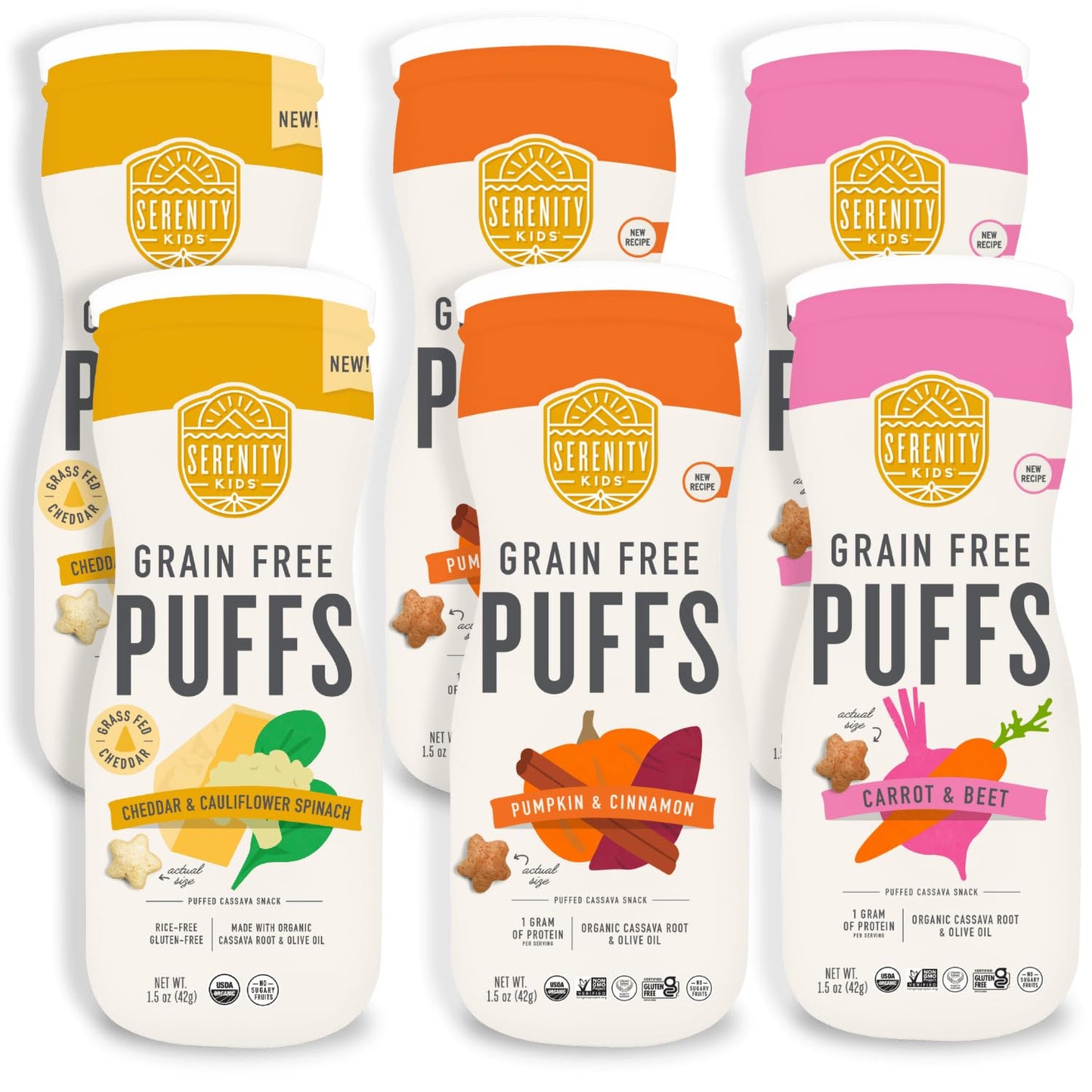 Serenity Kids 6+ Months Grain-Free Baby Puffs Snack - Baby & Toddler Snacks for 6+ Months - No Added Sugar & Gluten & Rice Free - BPA & Allergen Safe with Organic Cassava & Veggies - 1.5 Oz, 6 Pack