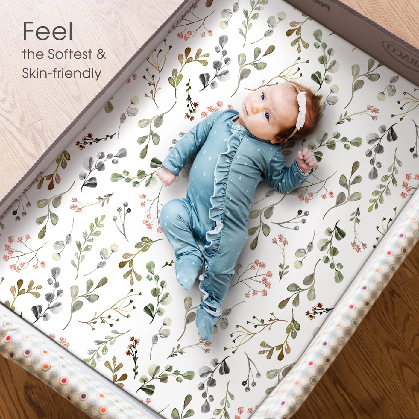 GRSSDER Stretchy Ultra Soft Jersey Knit Fitted Pack n Play Sheets Set 2 Pack， Portable Pack and Play/Mini Cribs Sheets for Girls，Stylish Watercolor Rose and Flora