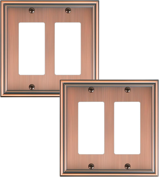 2-Pack Decorative Double Decorator Outlet Cover Plate, Durable Zinc Alloy Antique Copper Wall Plates for Electrical Outlets, Receptacle, GFCI Outlet, Dimmer Switch, 2-Gang Corrosion Resistant