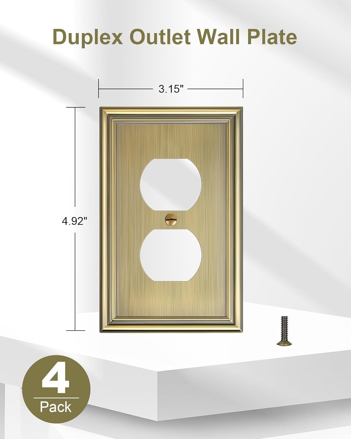 4-Pack Duplex Outlet Covers, Decorative Wall Plates for Electrical Outlets, Antique Brass Switch Plates and Outlet Covers, Durable Zinc Alloy Receptacle Cover, Corrosion Resistant