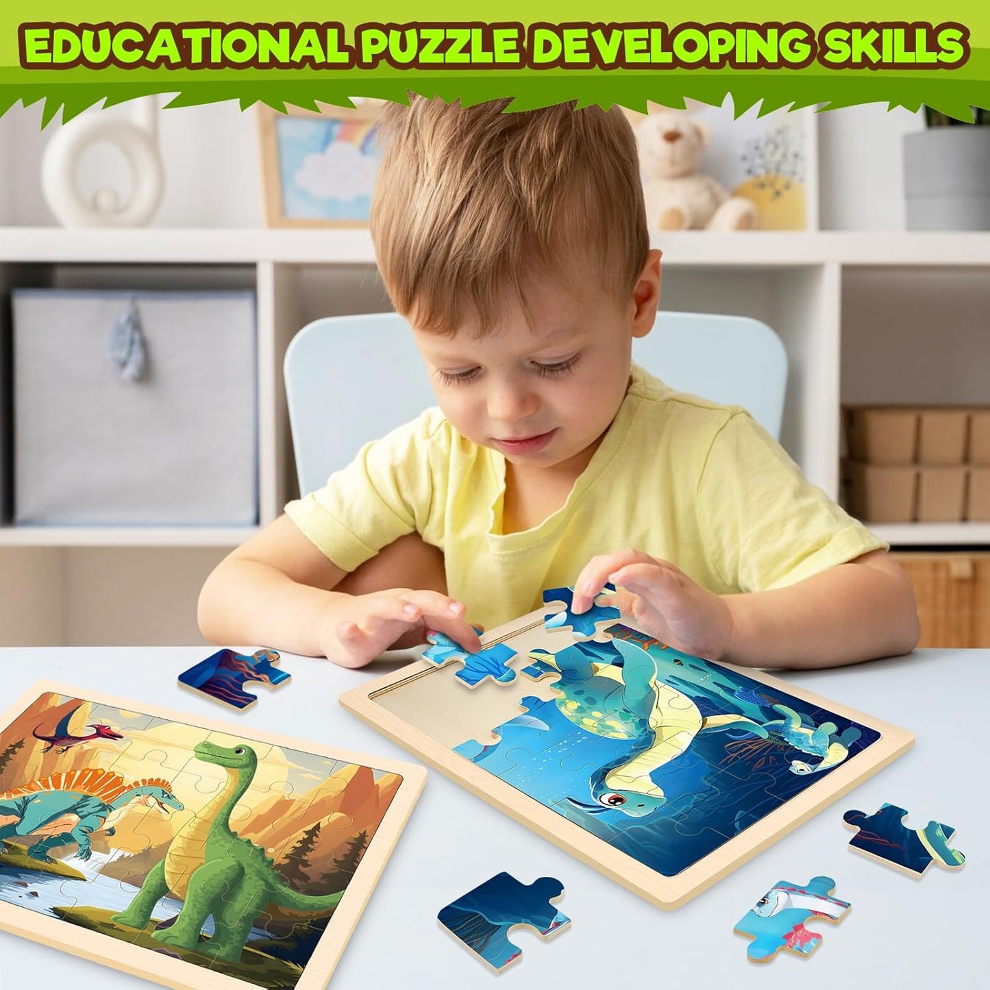 4 Packs Puzzles for Kids Ages 4-6, Wooden Dinosaur Puzzles for Toddlers Ages 2-4, Preschool Educational Dino Puzzles Boards Toys Gifts for 3 4 5 6 Boys Girls