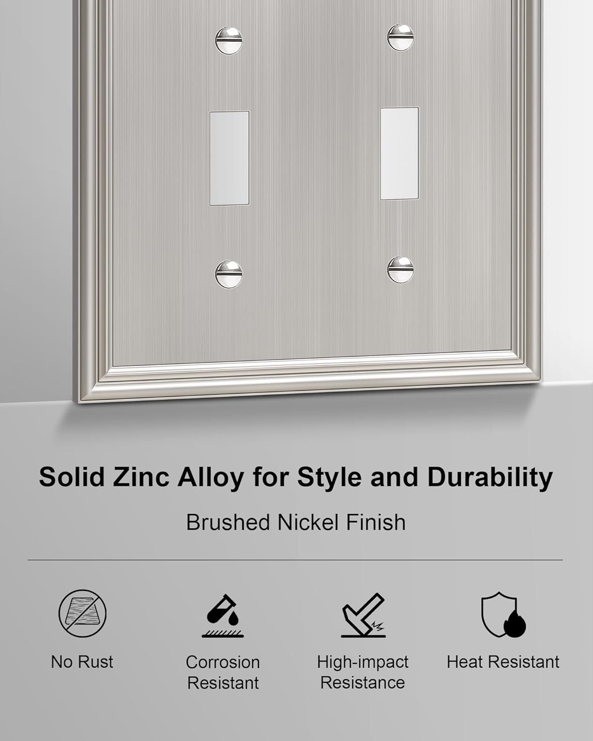 2-Pack Double Toggle Light Switch Cover Plate, Durable Solid Zinc Alloy Decorative Dual Switch Plate Covers, Brushed Nickel 2 Gang Wall Plate, Corrosion Resistant
