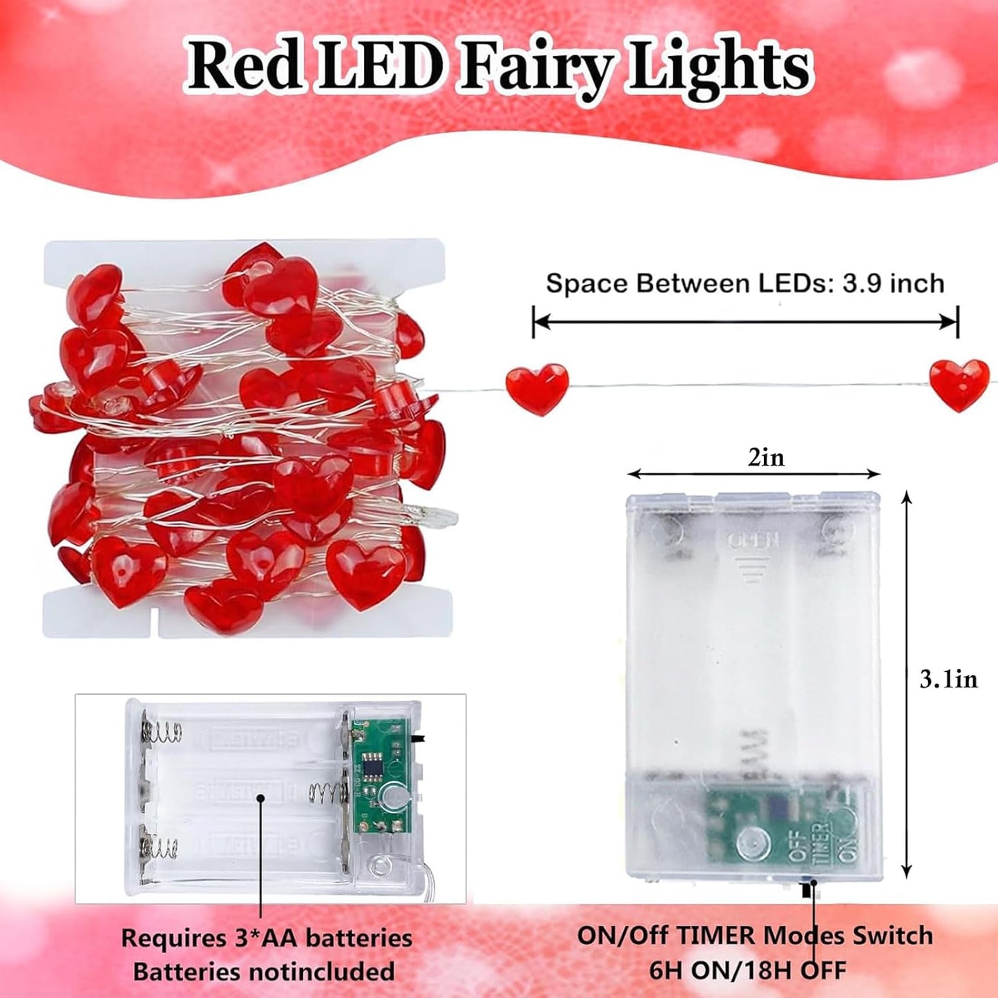10FT Red Heart Fairy Lights Battery Operated with Timer for Mothers Day Decoration, LED String Lights Indoor Outdoor Waterproof Twinkle Lights for Christmas Proposal Anniversary Valentines Party Decor