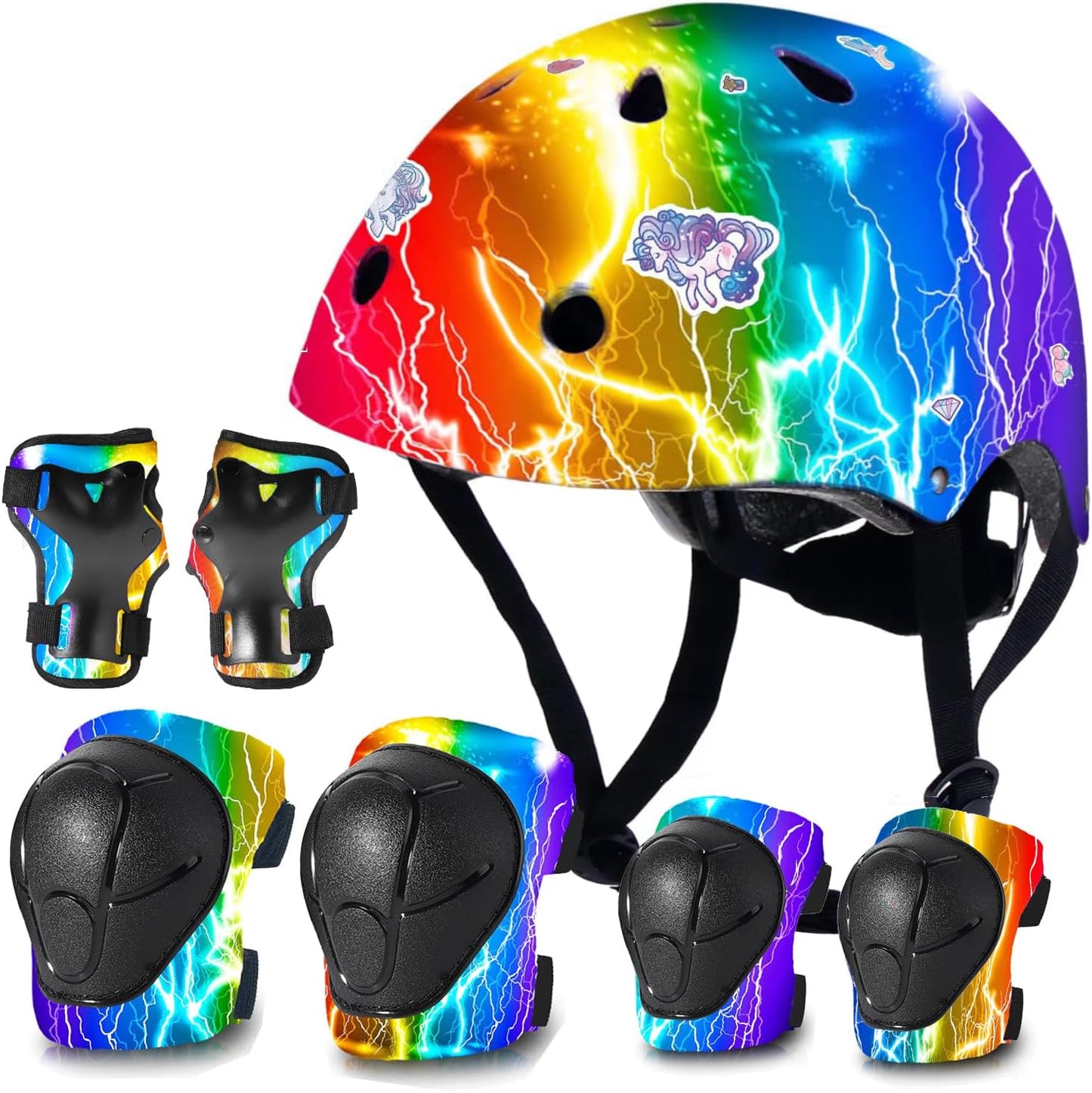 Adjustable Kids Bike Helmet with Knee & Elbow Pads Set, Color Gradient Design for Boys and Girls Aged 3-14+, for Skateboarding, Scooter, Roller & Inline Skating, Longboard