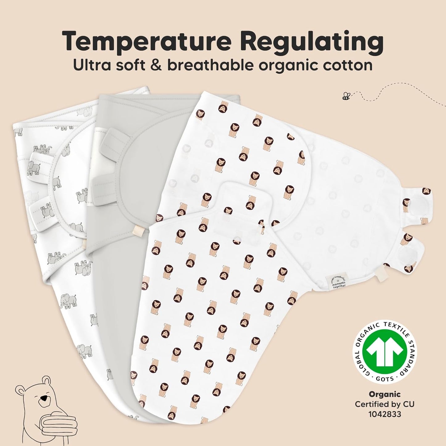 3-Pack Organic Baby Swaddle Sleep Sacks - Swaddles for Newborns, Infant 3-6 Months, Baby Girls, Boys, Soft & Snug Newborn Sleep Sack, Nursery Swaddling Blankets (The Wild 2,L)