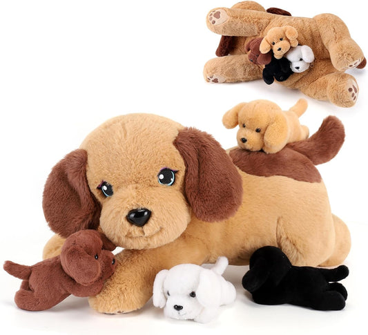 5 Pieces Dog Stuffed Animals with Babies Inside Belly - 1 Mommy Stuffed Dog with 4 Puppy Plush - Stuffed Puppy Plush Toy for Kids Age 3-8, Gifts Ideal for Christmas, Valentine's, Birthday