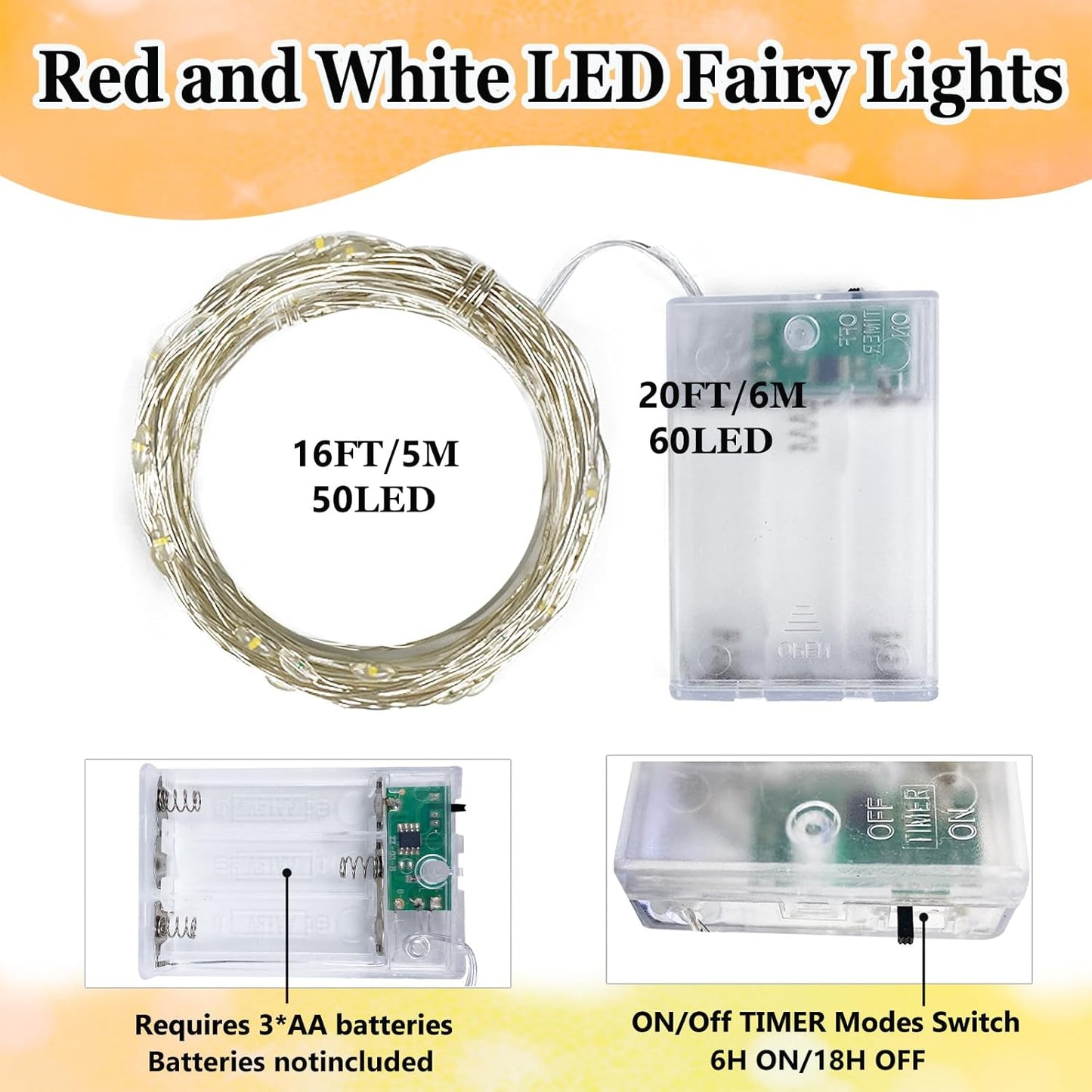 4-Pack Red and White Fairy Lights Battery Operated with Timer, Waterproof 16FT 50 LED String Lights Outdoor Indoor, Christmas Lights for Bedroom Home Wedding Birthday Xmas Parties and Centerpieces