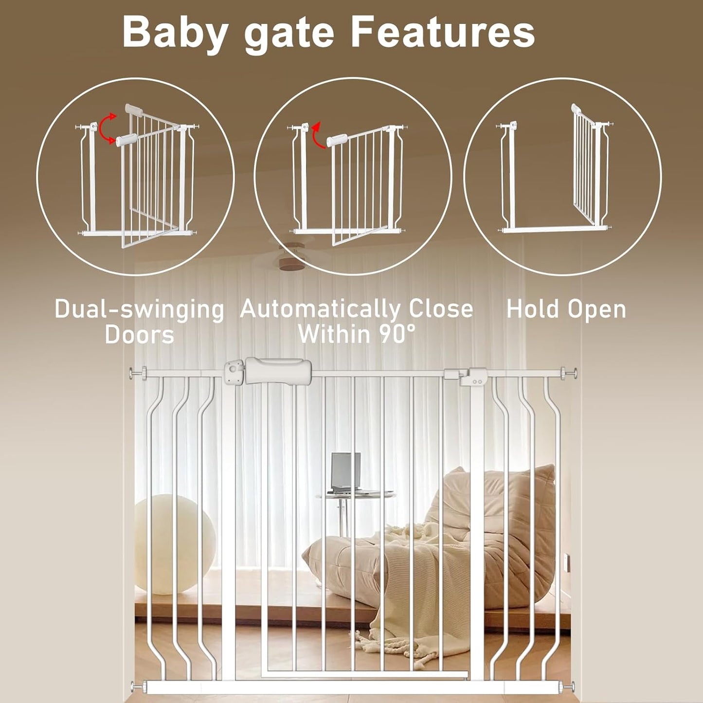 ALLAIBB Extra Wide Baby Gate Pressure Mount with Auto-Close, White Metal Safety Gate for Stairs & Doorways - Child Proof, Pet Barrier for Hallways, Kitchen, Living Room for 33.86-38.58 inch