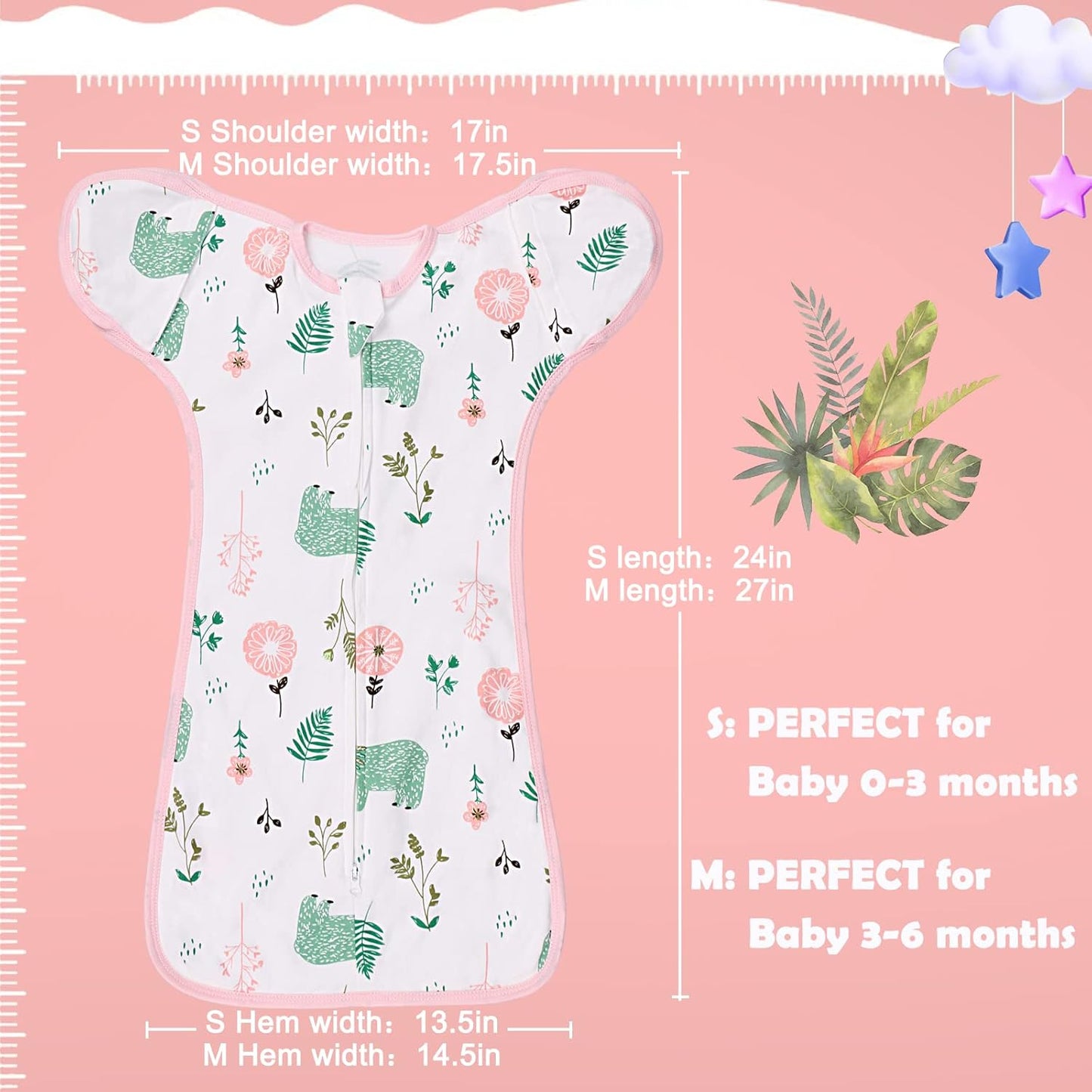 2 Pack Transition Swaddle with 2 Way Zipper, 2 in 1 Arms in/Out Transitional Arms Up Swaddle, 100% Cotton Newborn Swaddles Zipper Swaddles Baby Swaddling Sack Sleeping Sack 3-6 Months, Flamingo & Bear