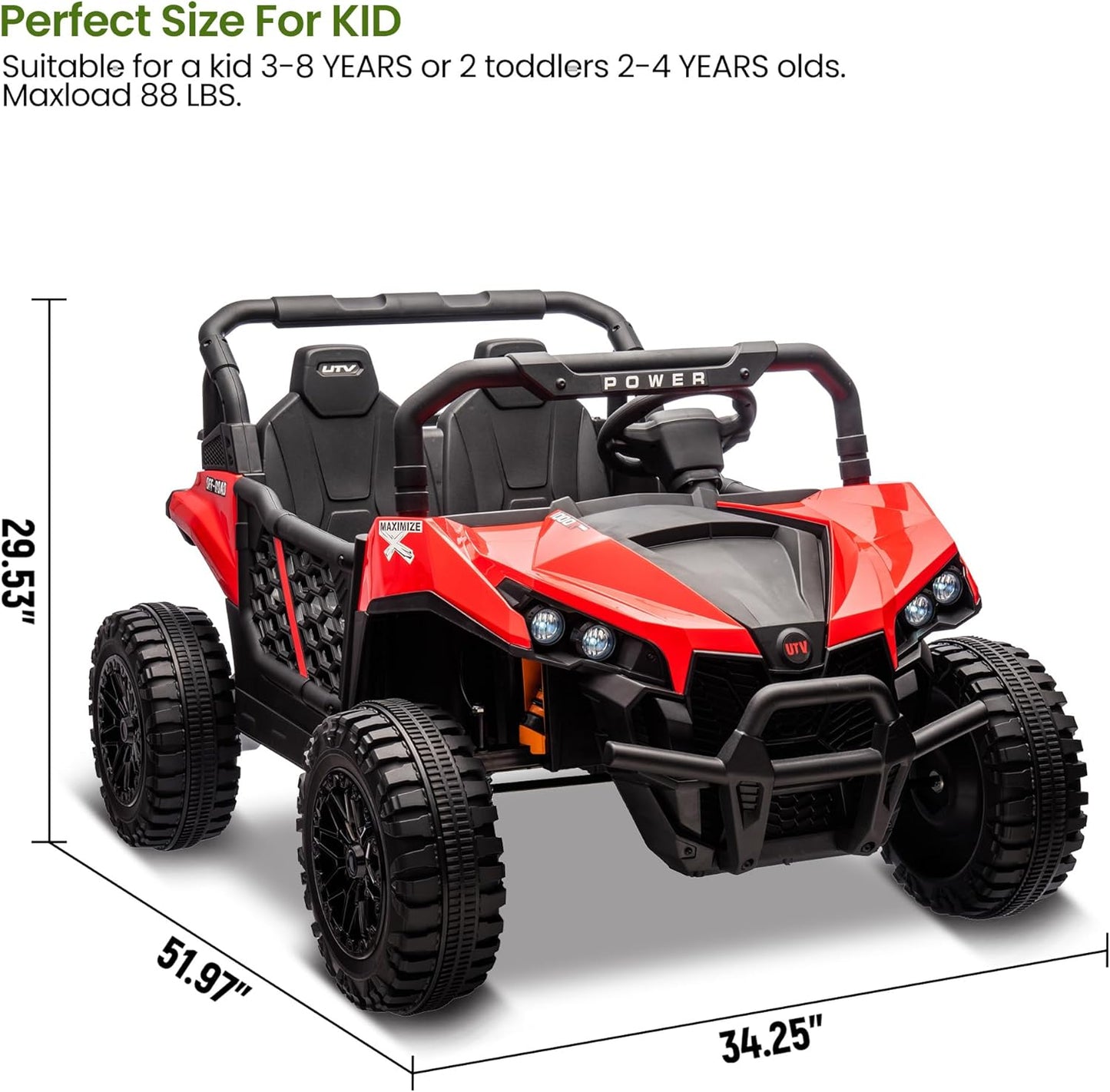 24V 2 Seater Ride On Car Truck, Power Wheels Kids UTV w/Parent Remote Control, 3.1 MPH Max Speed, Music Player, LED Lights & Storage, Electric Vehicle Ride On Toy for Kids Toddler Ages 3-8, Red