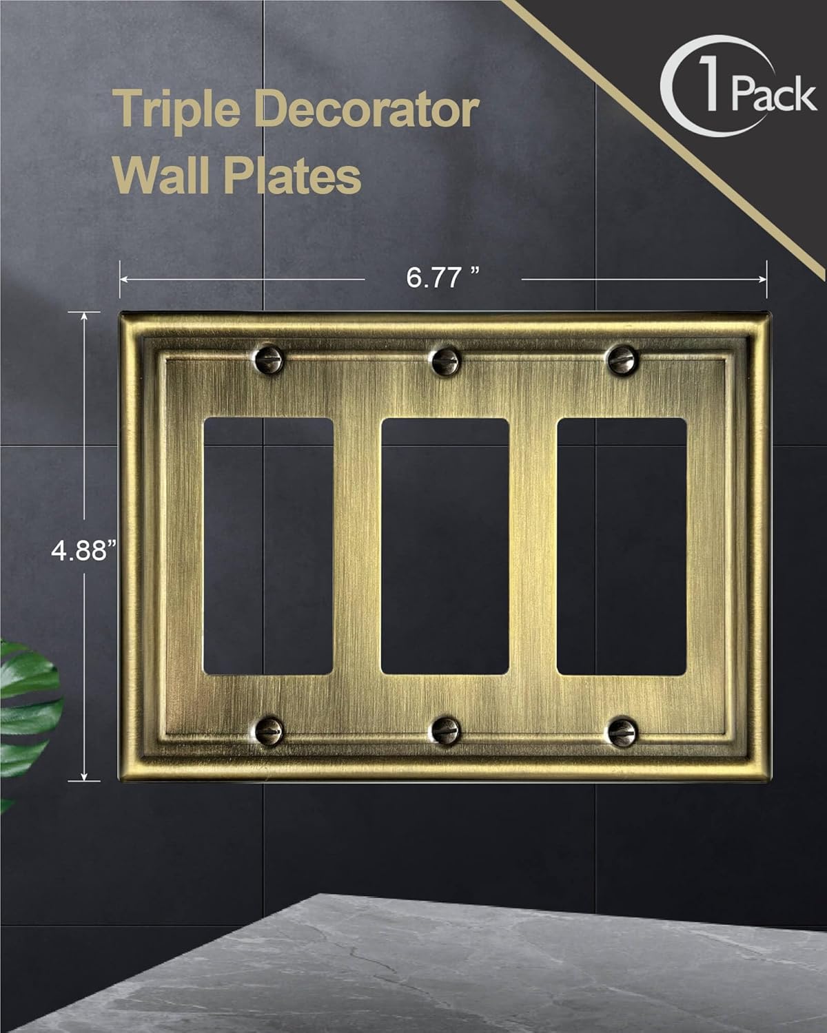 1 Pack Triple Decorator Wall Plates, Metal Electrical Outlet Covers for Receptacles, Dimmer Switches, GFCI Outlets, Antique Brass, 6.77''*4.88'', Midisze, 3 Gang